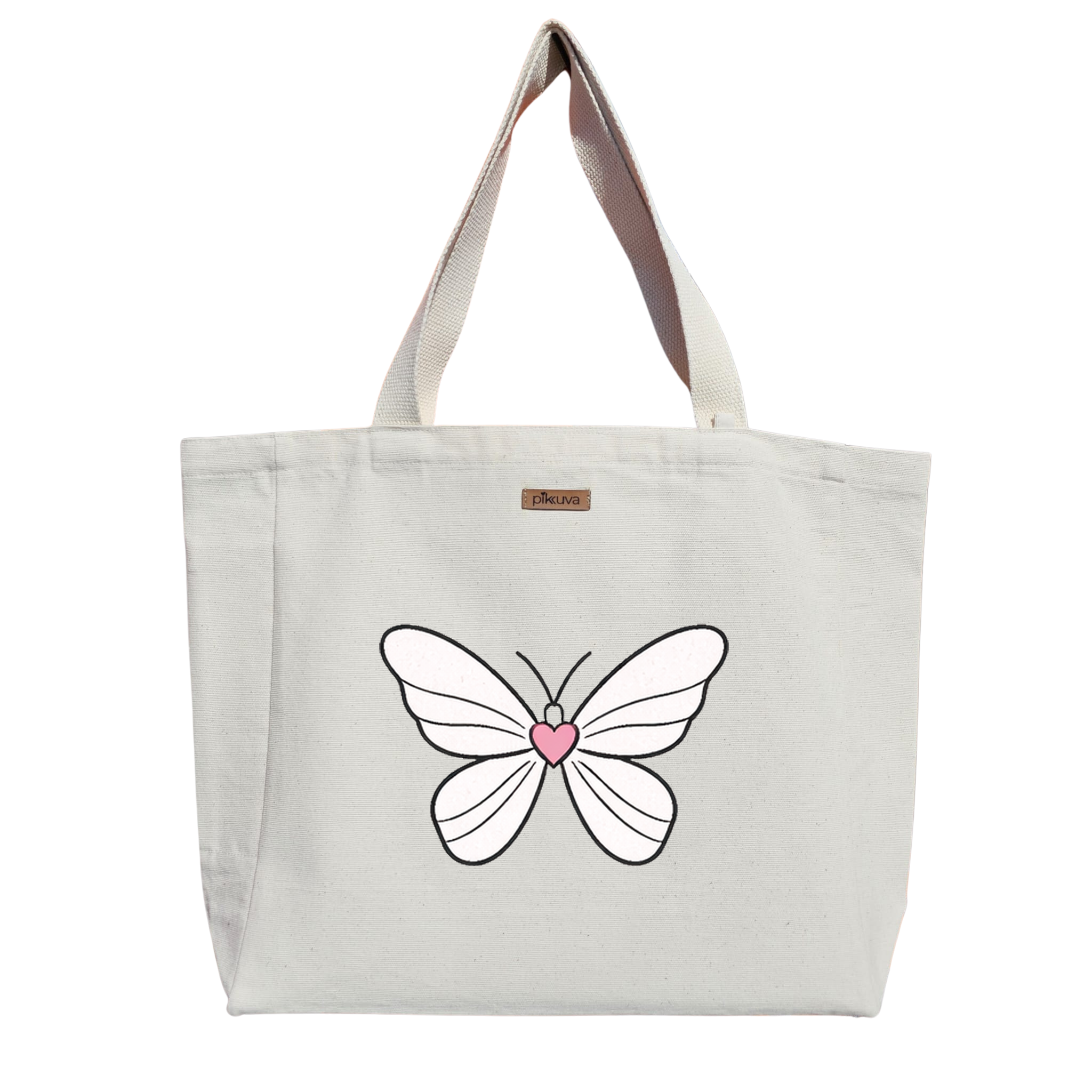 Natural Canvas Tote Bag, Natural Handle, White Velcro, Water Bottle Holder — 20x24