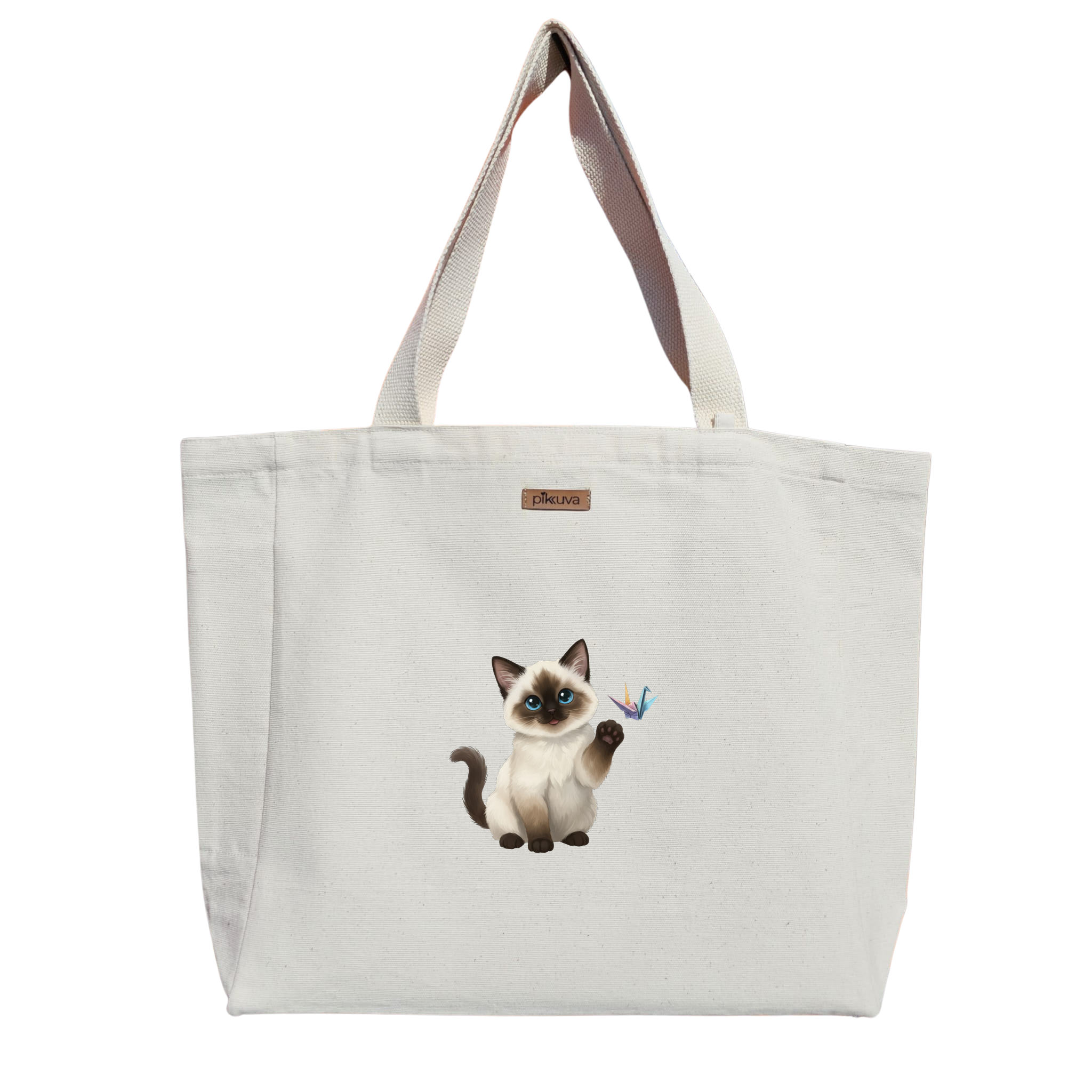 Sevimli Origami Kedi Cute cat Baskılı Naturel Kanvas Bez Çanta Sap Beyaz Cırt Cırtlı Suluk Tutuculu — 12x20
