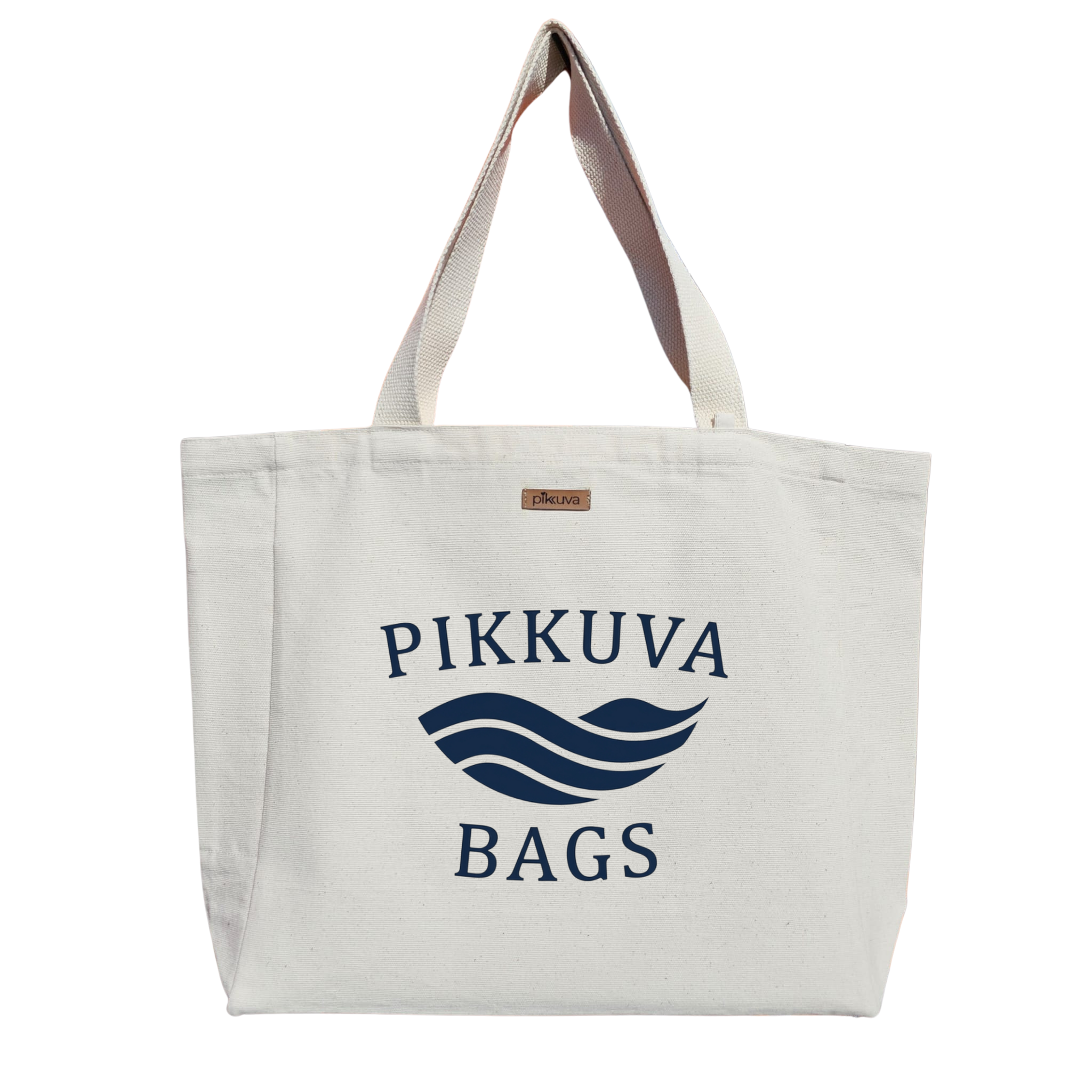 Natural Canvas Tote Bag, Natural Handle, White Velcro, Water Bottle Holder — 20x24