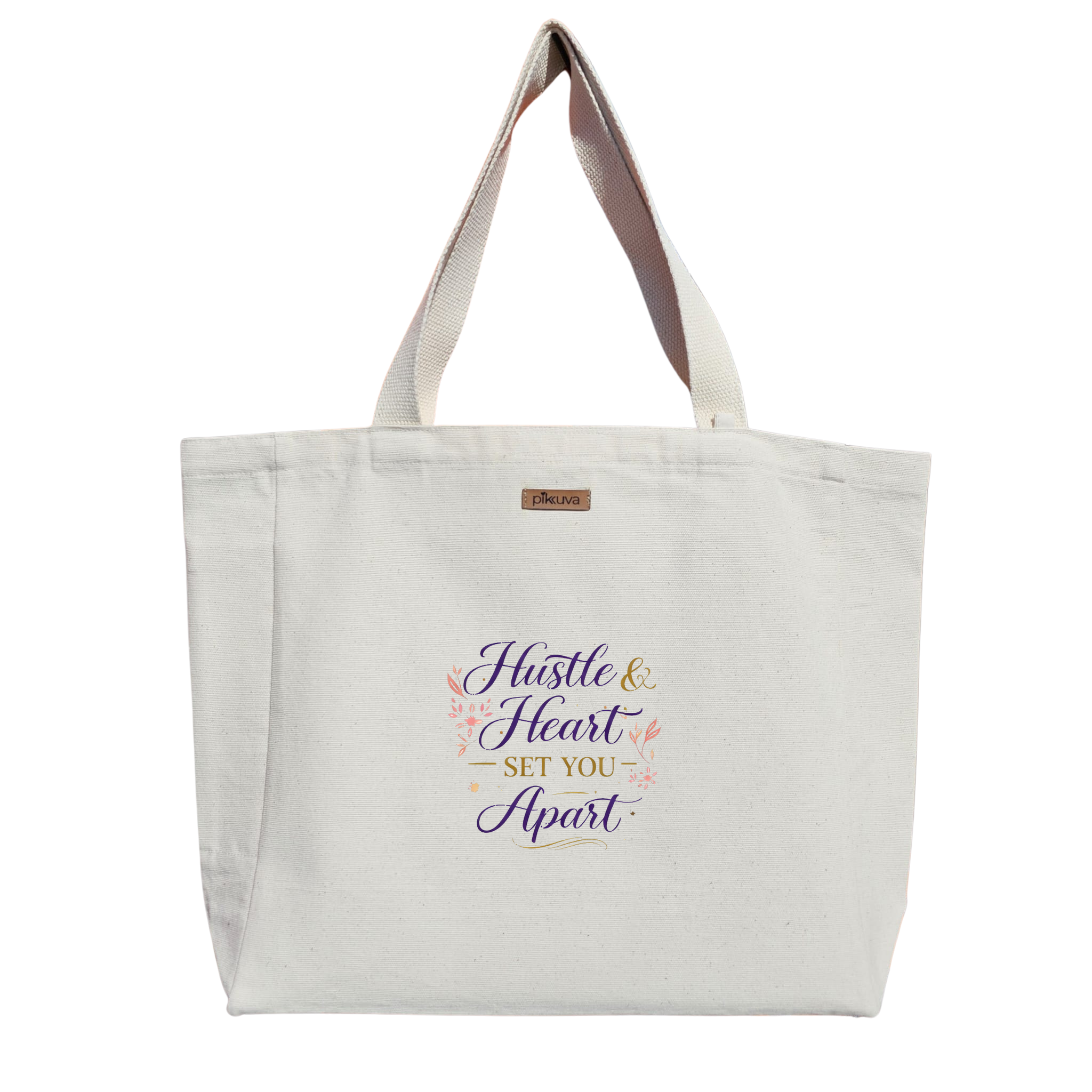 Natural Canvas Tote Bag, Natural Handle, White Velcro, Water Bottle Holder