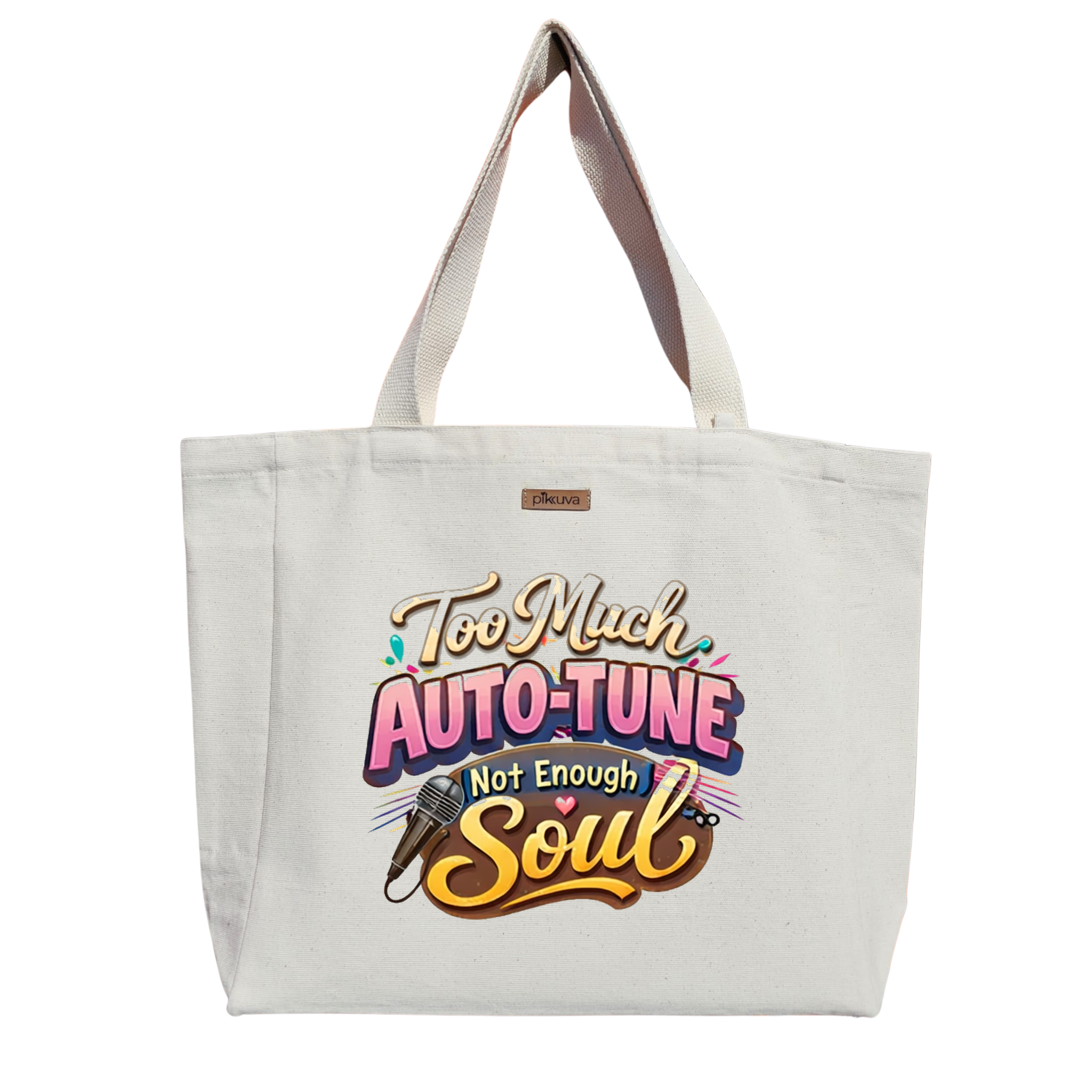 Pembe Mavi Logo Detayı Modern Stil Tasarımı Too Much Auto Tune Baskılı Naturel Kanvas Bez Çanta Sap Beyaz Cırt Cırtlı Suluk Tutuculu — 24x20
