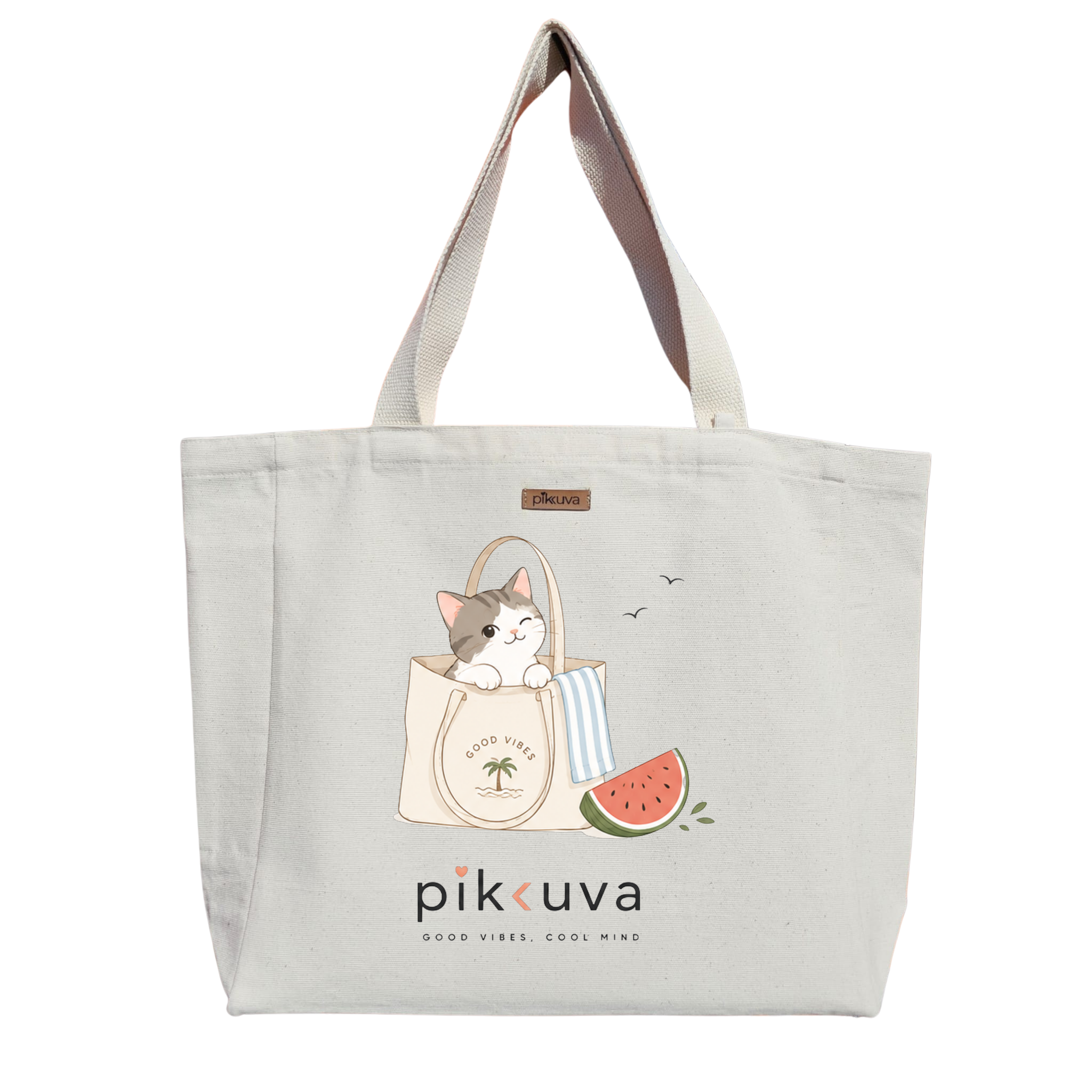 Natural Canvas Tote Bag, Natural Handle, White Velcro, Water Bottle Holder — 20x24