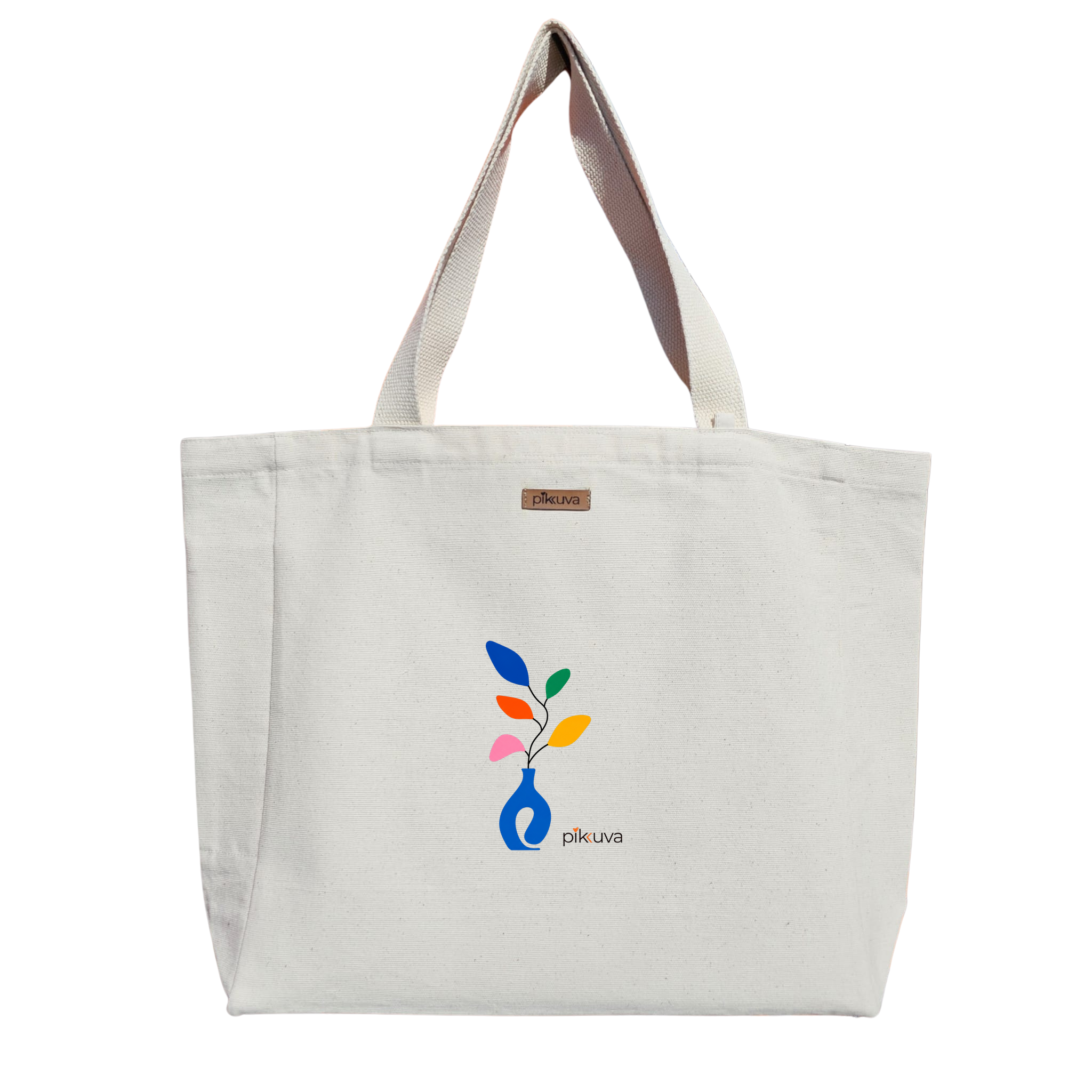 Renkli Yapraklar ve Mavi Vazo Colorful Leaves and Blue Vase Baskılı Naturel Kanvas Bez Çanta Sap Beyaz Cırt Cırtlı Suluk Tutuculu