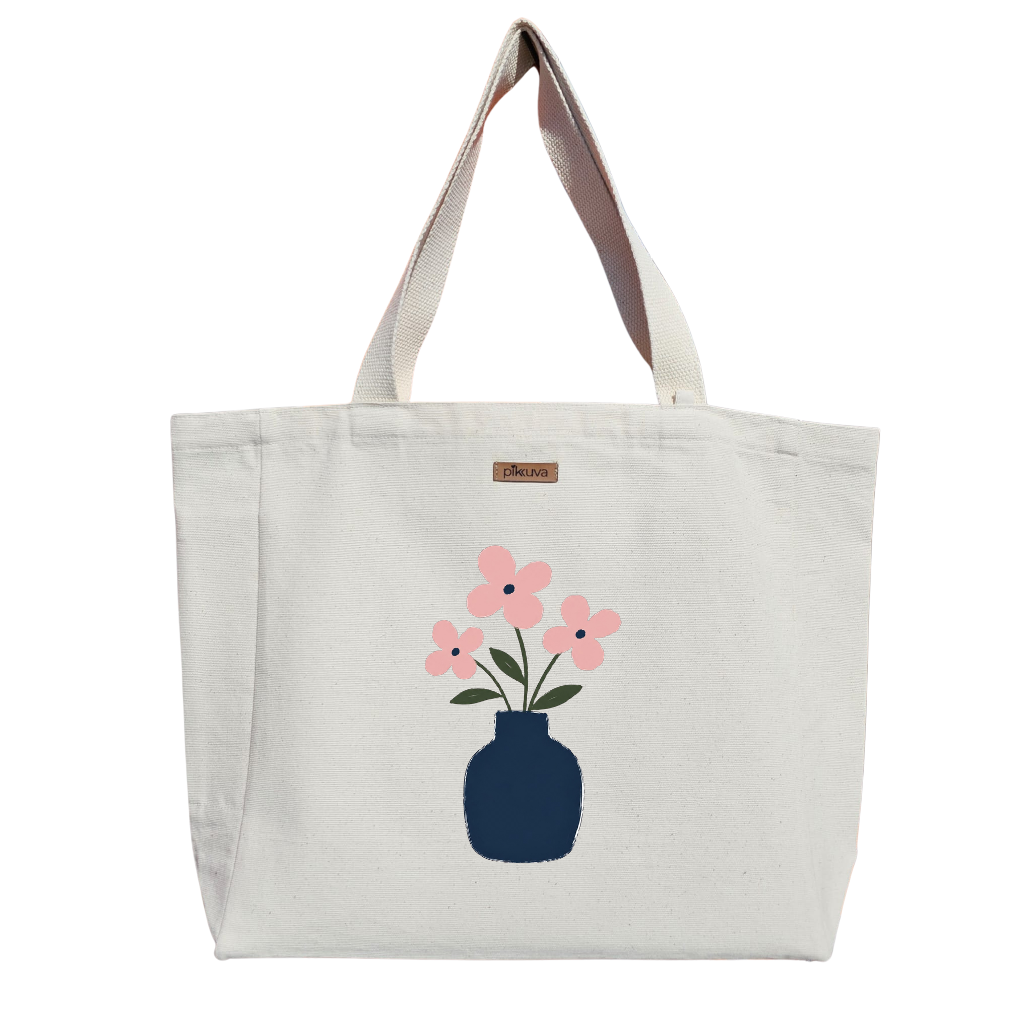 Mavi Vazo İçindeki Pembe Çiçekler Blue vase with pink flowers Baskılı Naturel Kanvas Bez Çanta Sap Beyaz Cırt Cırtlı Suluk Tutuculu — 12x20