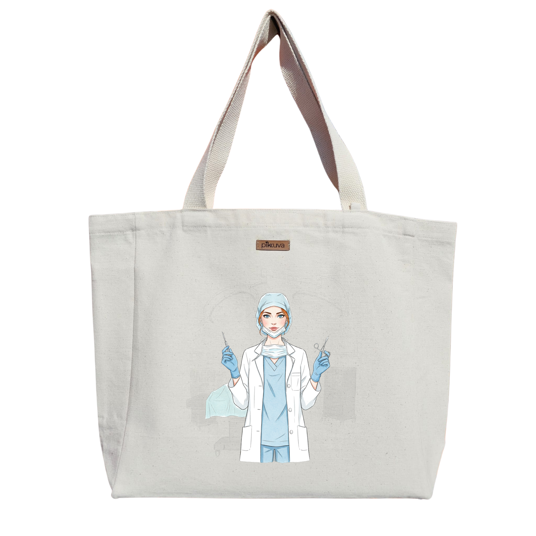 Natural Canvas Tote Bag, Natural Handle, White Velcro, Water Bottle Holder — 20x24