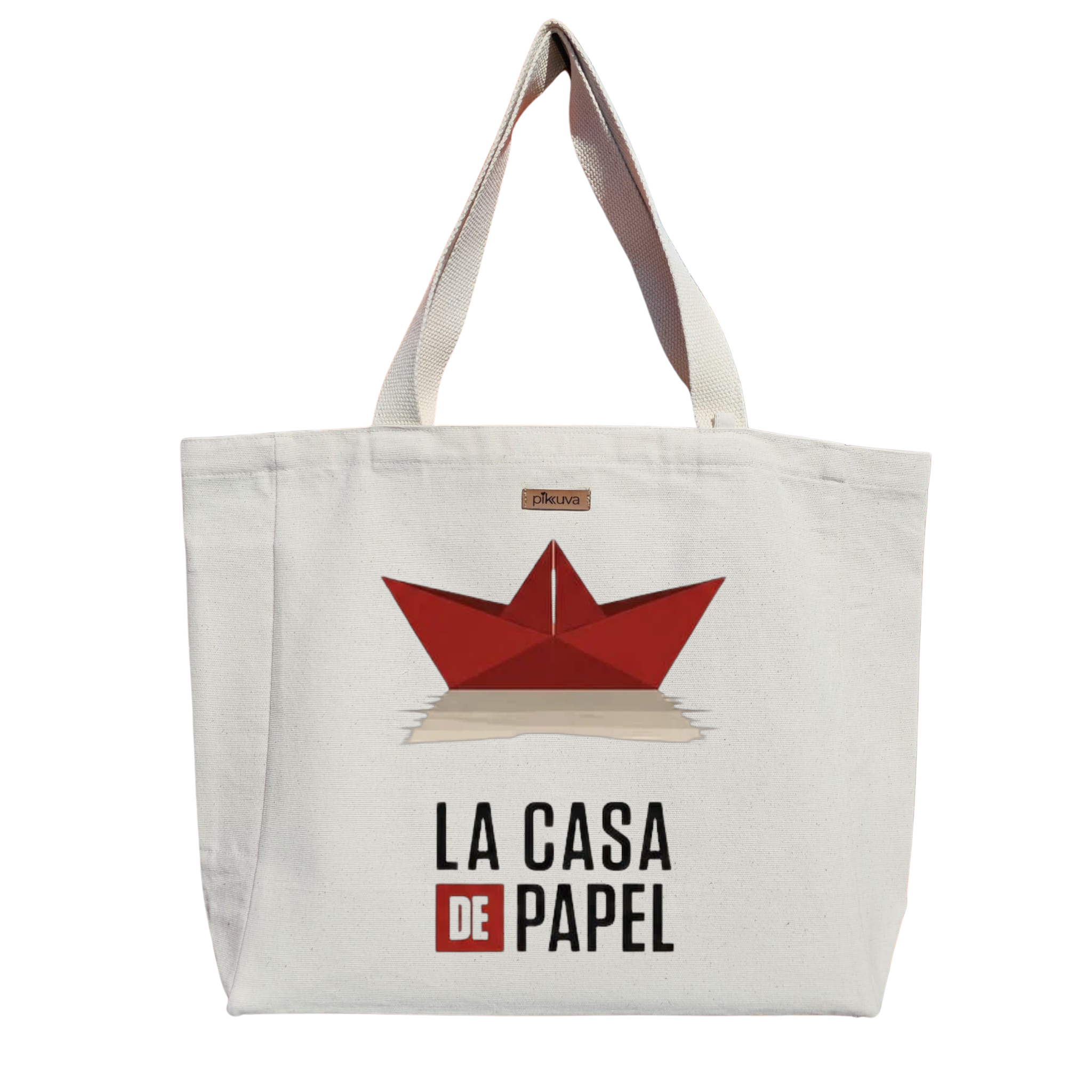 Natural Canvas Tote Bag, Natural Handle, White Velcro, Water Bottle Holder — 20x24