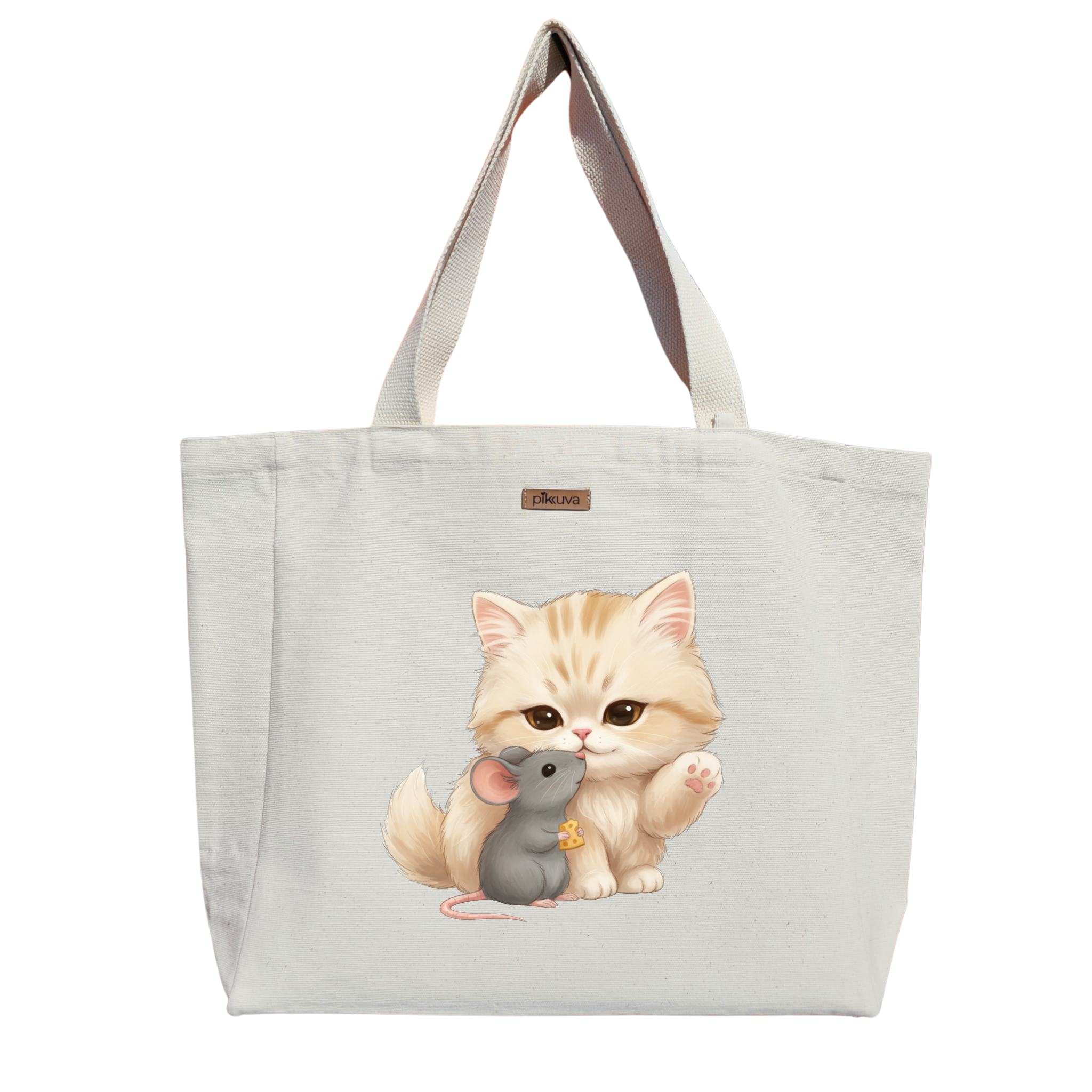 Natural Canvas Tote Bag, Natural Handle, White Velcro, Water Bottle Holder — 20x24