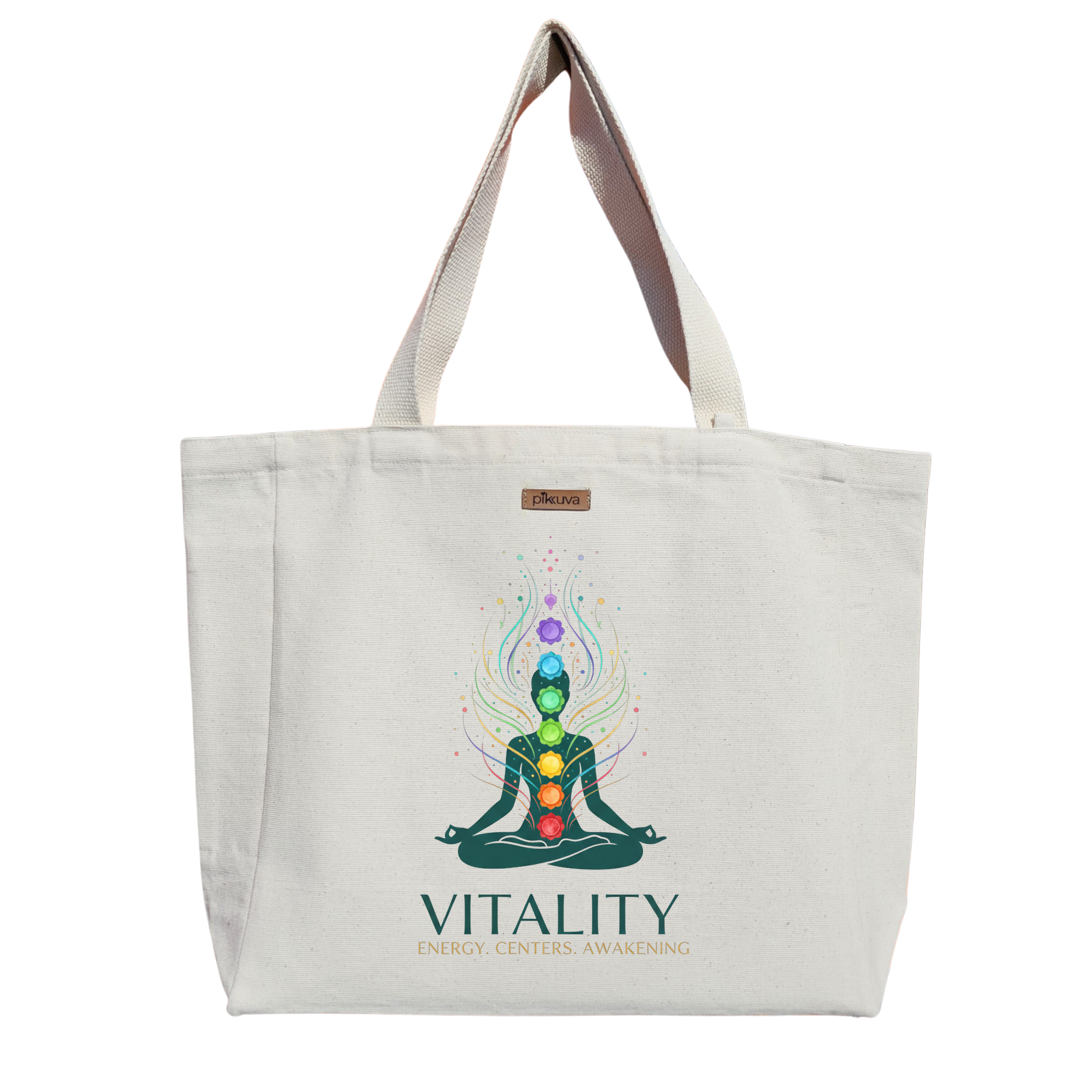 Natural Canvas Tote Bag, Natural Handle, White Velcro, Water Bottle Holder — 20x24