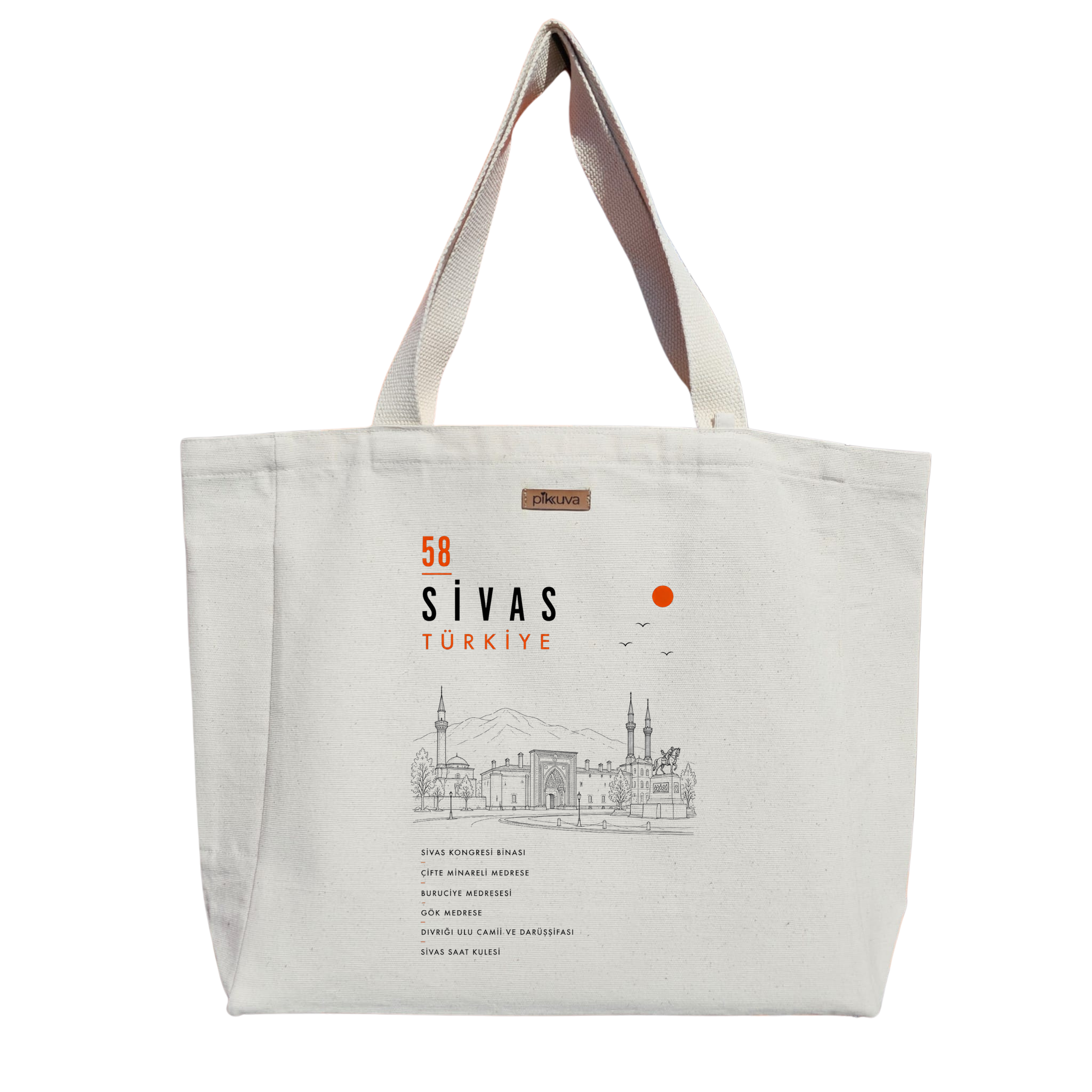 Natural Canvas Tote Bag, Natural Handle, White Velcro, Water Bottle Holder — 20x24