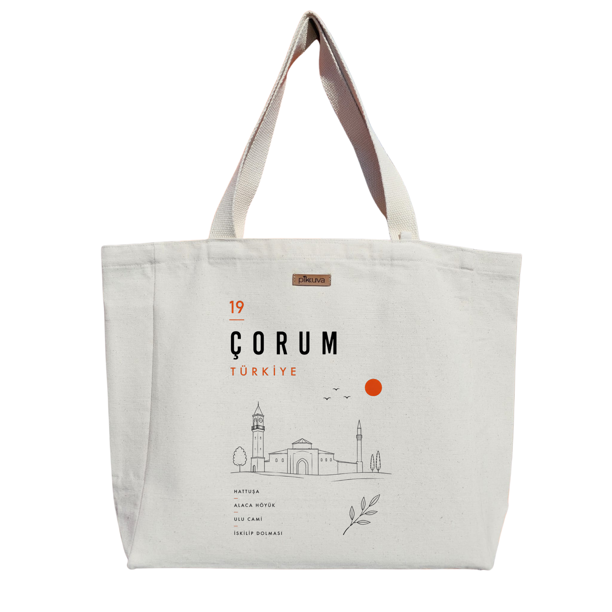 Natural Canvas Tote Bag, Natural Handle, White Velcro, Water Bottle Holder — 20x24