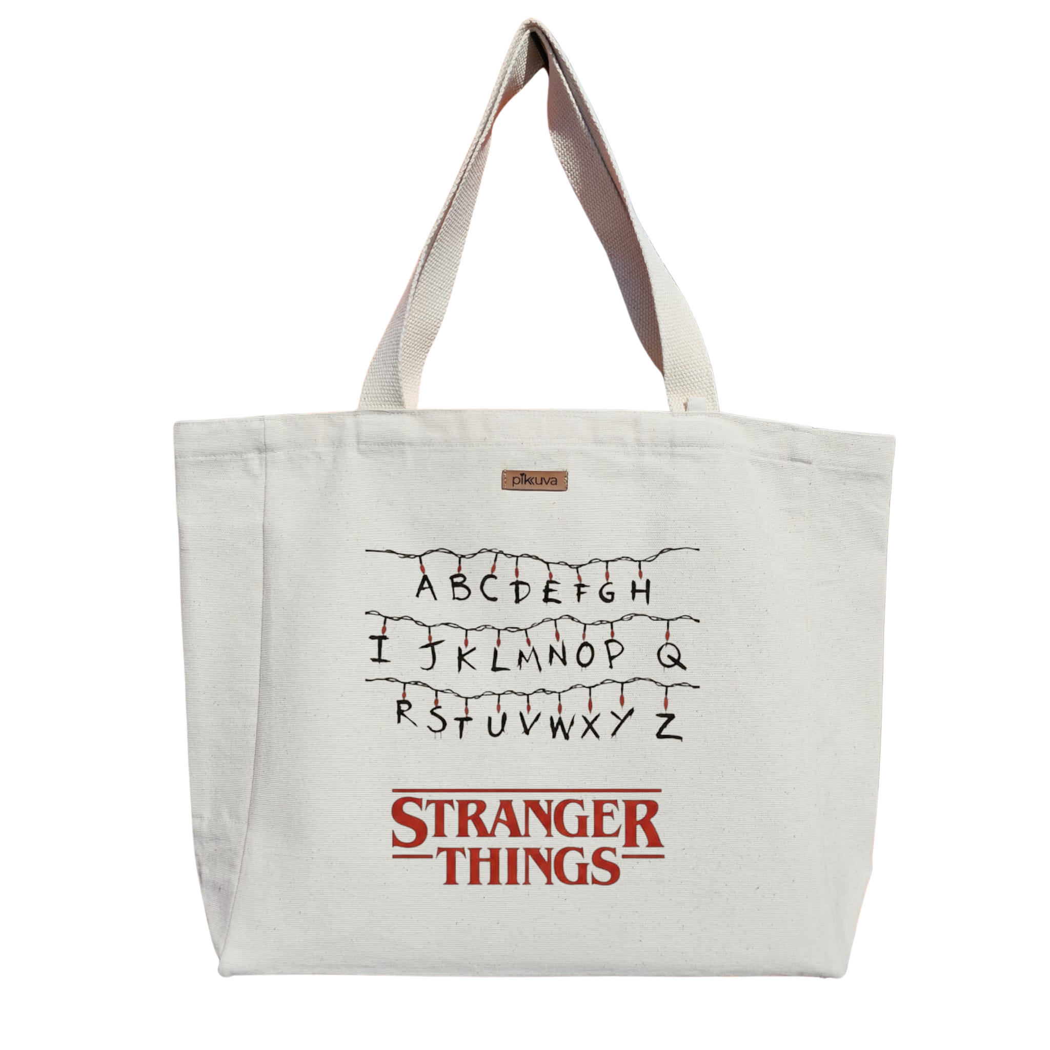 Karanlıkta Parlayan Harfler Stranger Things Baskılıı Naturel Kanvas Bez Çanta Sap Beyaz Cırt Cırtlı Suluk Tutuculu — 20x24