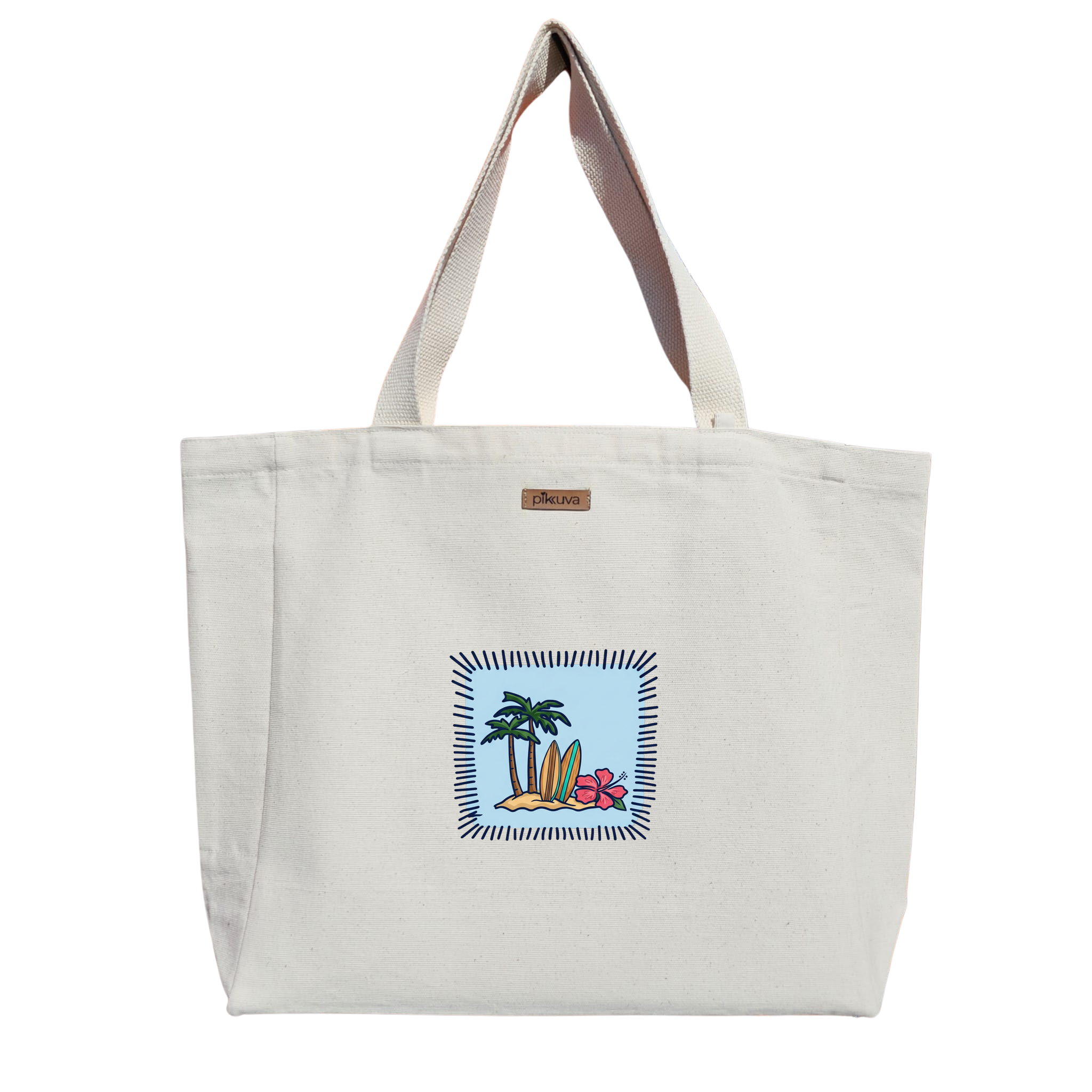 Tropikal Plaj ve Sörf Tahtaları Tropical beach and surfboards Baskılıı Naturel Kanvas Bez Çanta Sap Beyaz Cırt Cırtlı Suluk Tutuculu — 12x20