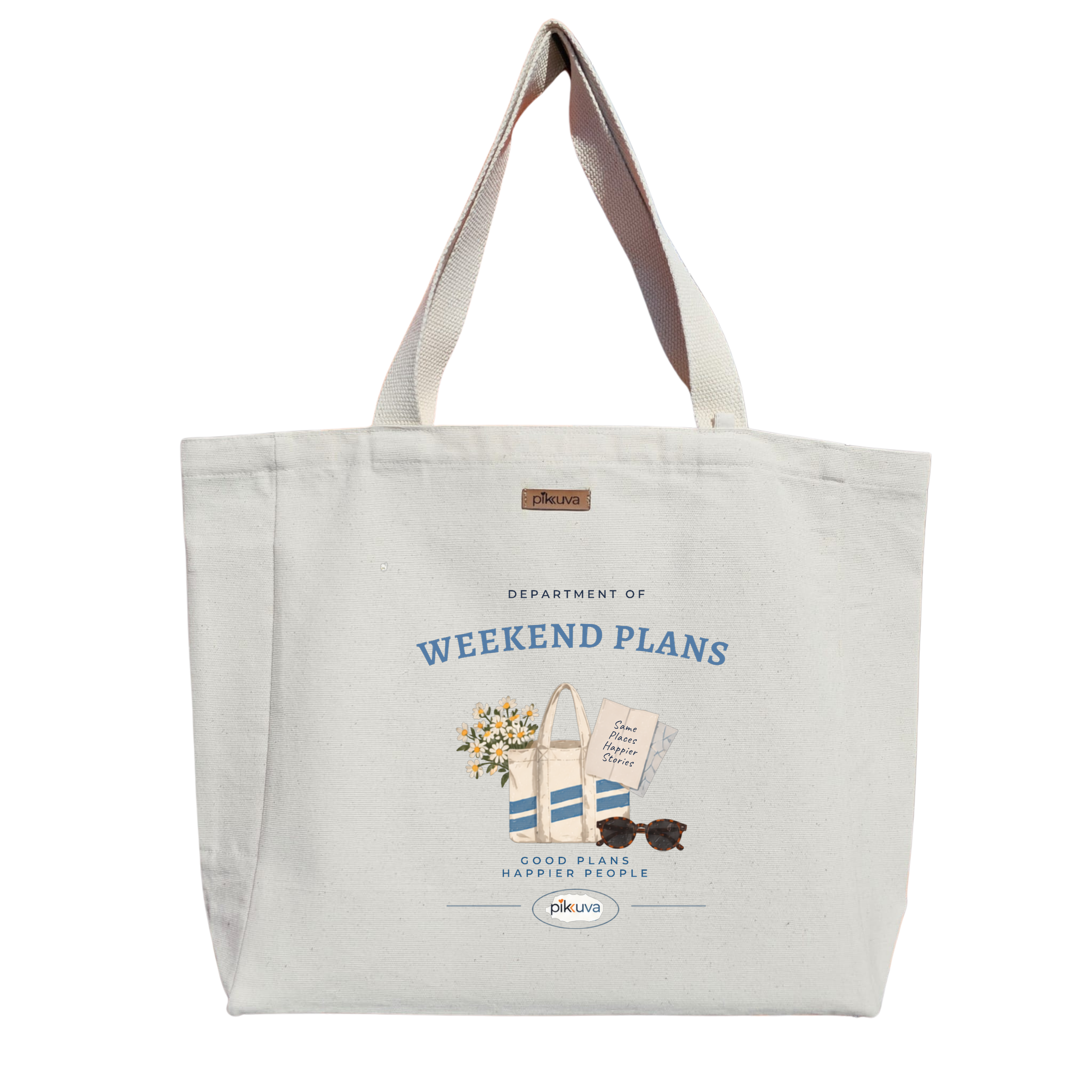 Natural Canvas Tote Bag, Natural Handle, White Velcro, Water Bottle Holder — 20x24