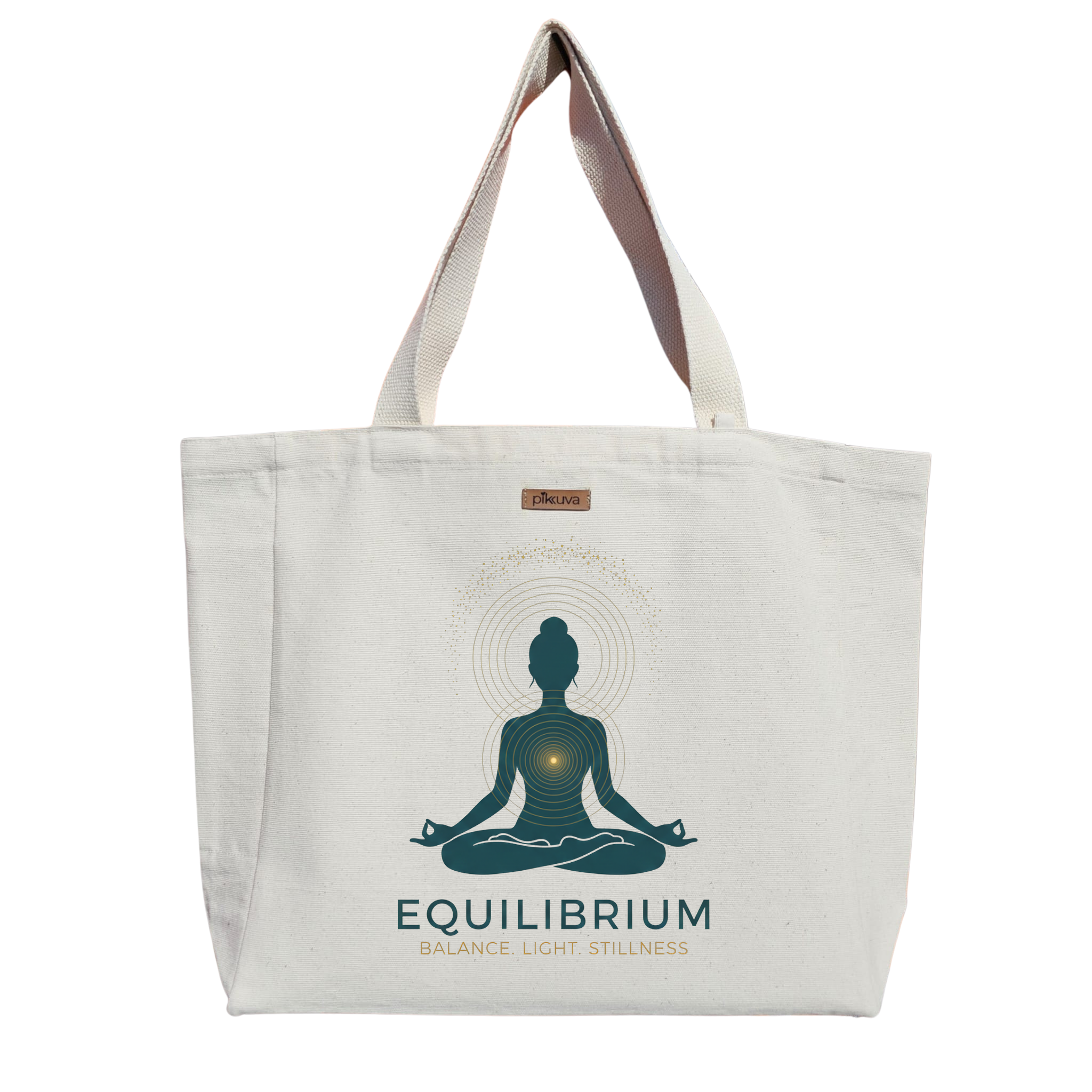 Denge ve Işık Temalı Meditasyon Çantası EQUILIBRIUM Baskılı Naturel Kanvas Bez Çanta Sap Beyaz Cırt Cırtlı Suluk Tutuculu — 20x24