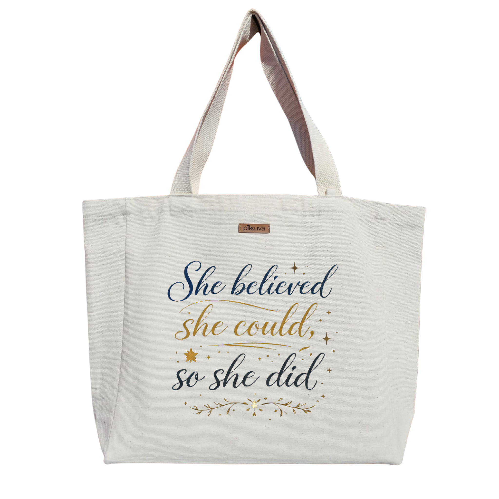 Natural Canvas Tote Bag, Natural Handle, White Velcro, Water Bottle Holder — 24x20