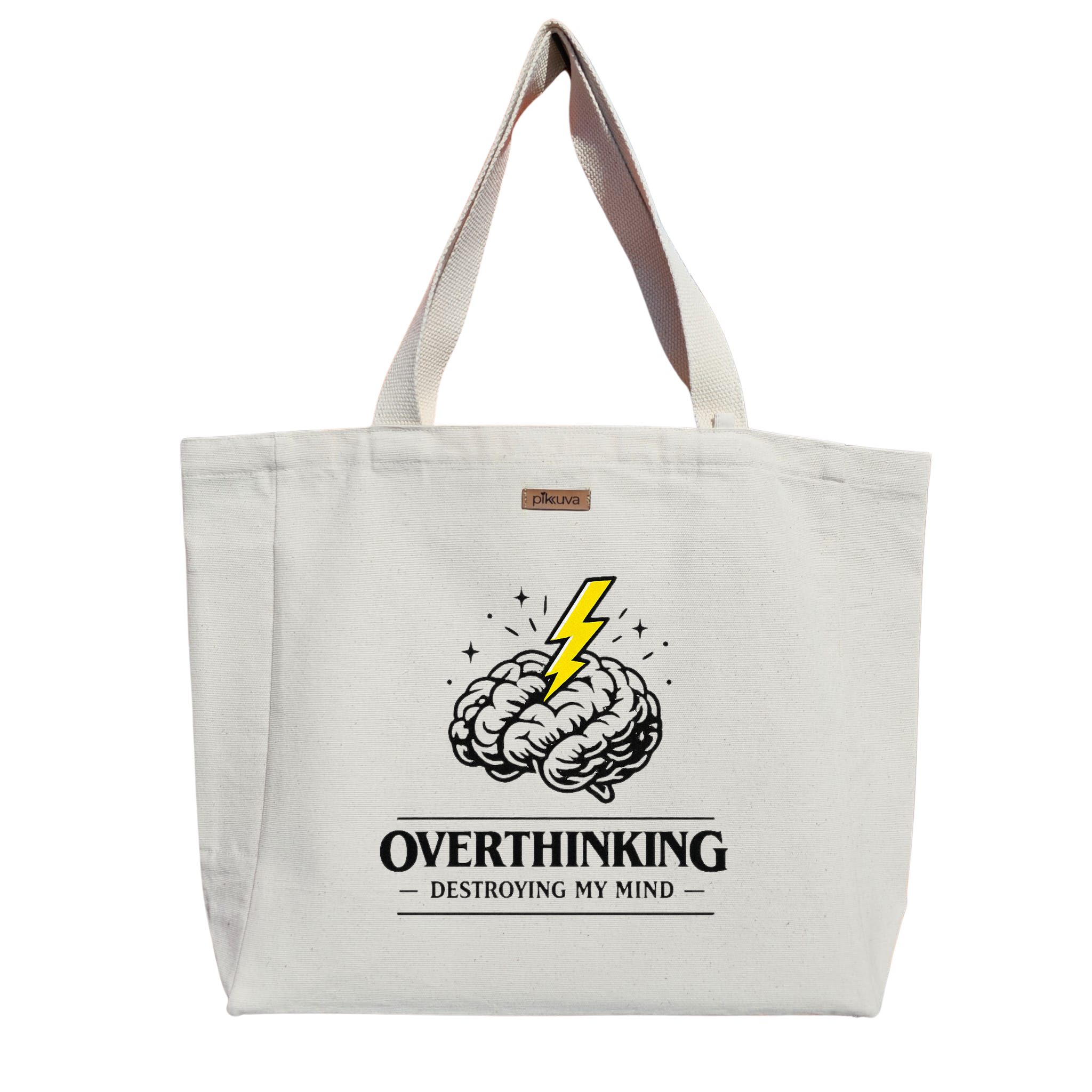 Natural Canvas Tote Bag, Natural Handle, White Velcro, Water Bottle Holder — 20x24
