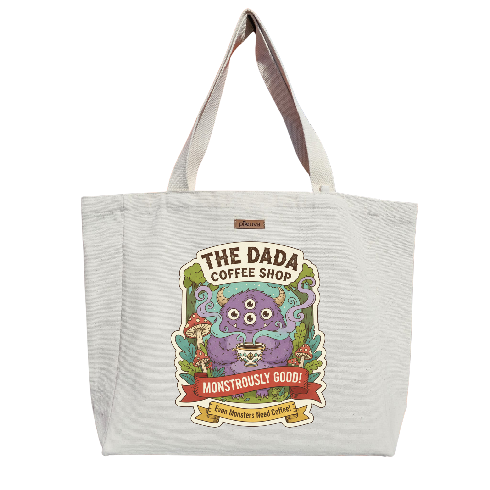 Natural Canvas Tote Bag, Natural Handle, White Velcro, Water Bottle Holder — 20x24