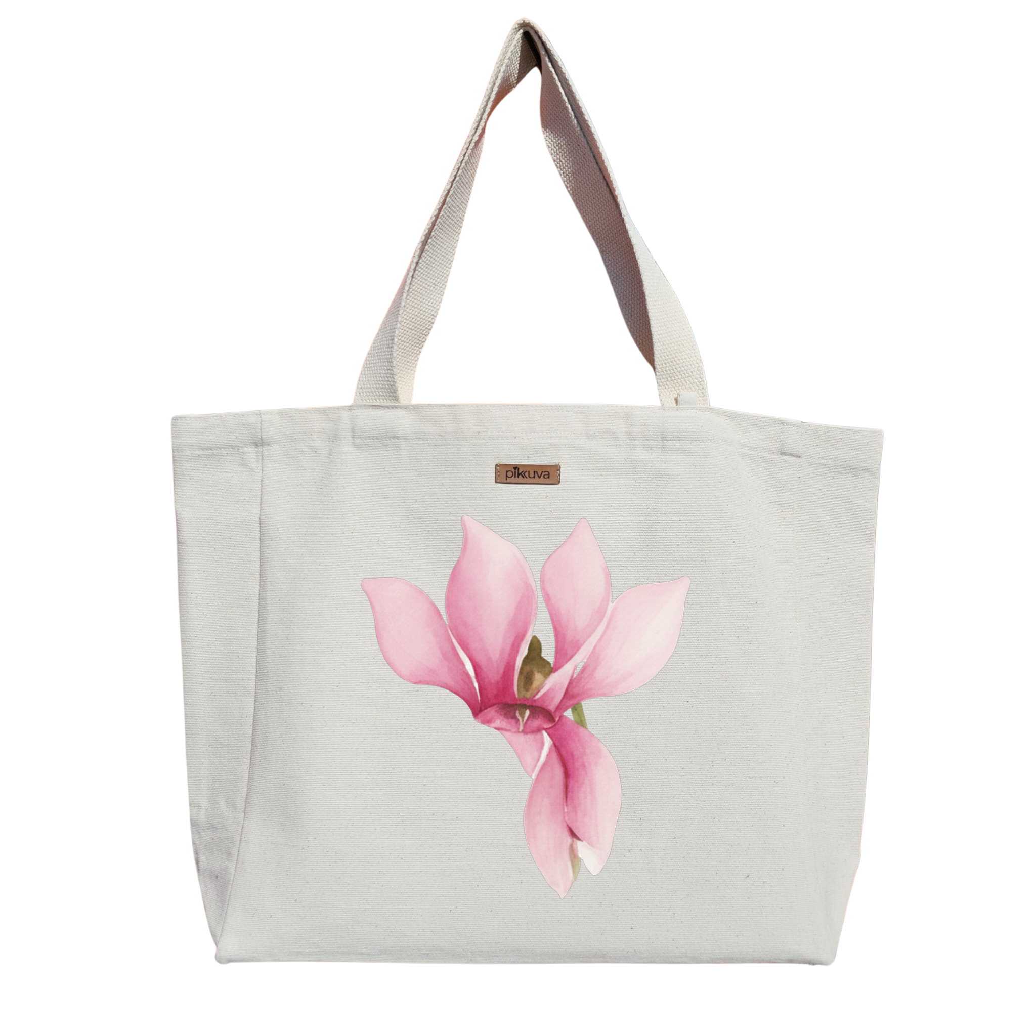 Natural Canvas Tote Bag, Natural Handle, White Velcro, Water Bottle Holder — 20x24