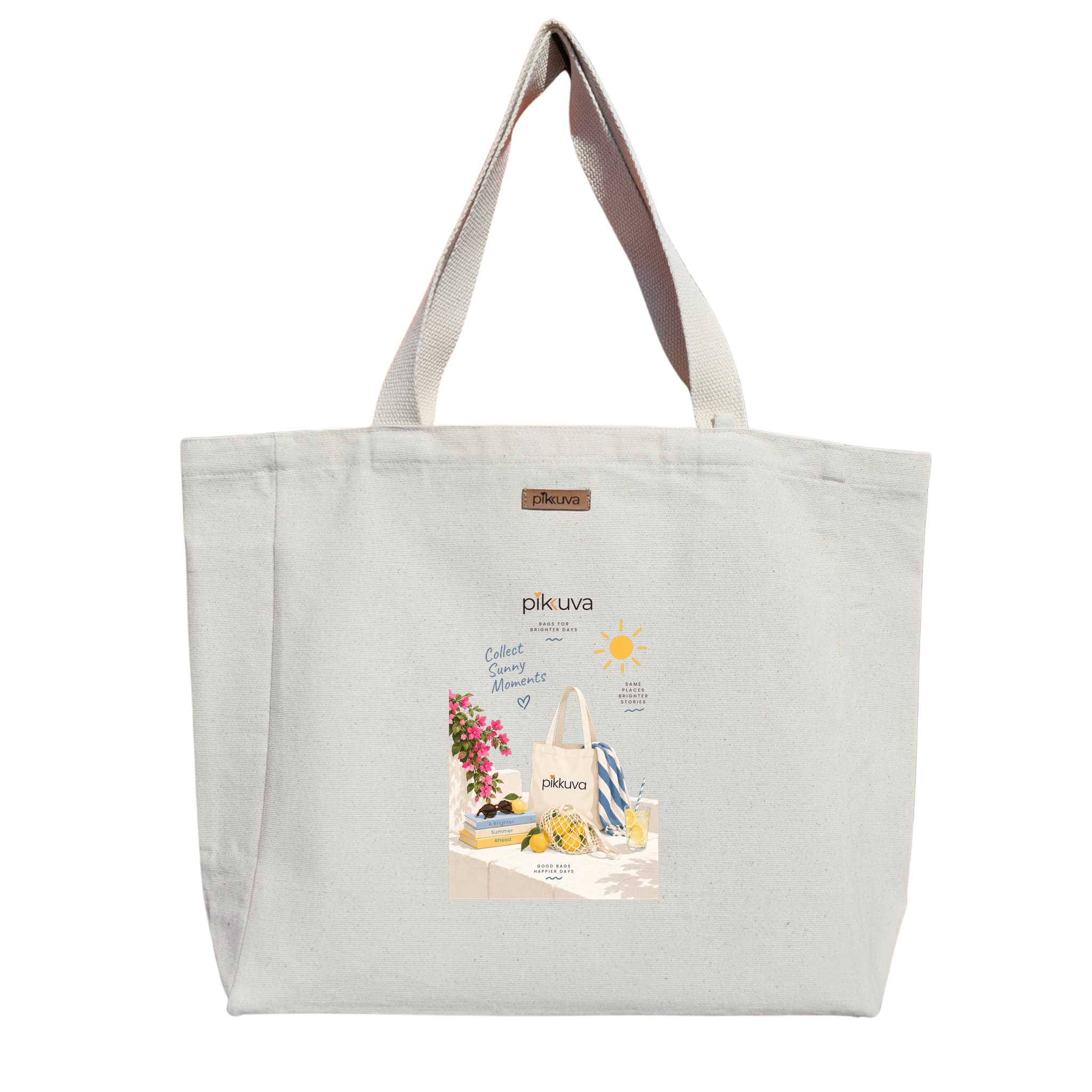 Yaz Güneşini Topla Tote Çantası Collect Sunny Moments Baskılı Naturel Kanvas Bez Çanta Sap Beyaz Cırt Cırtlı Suluk Tutuculu — 12x20