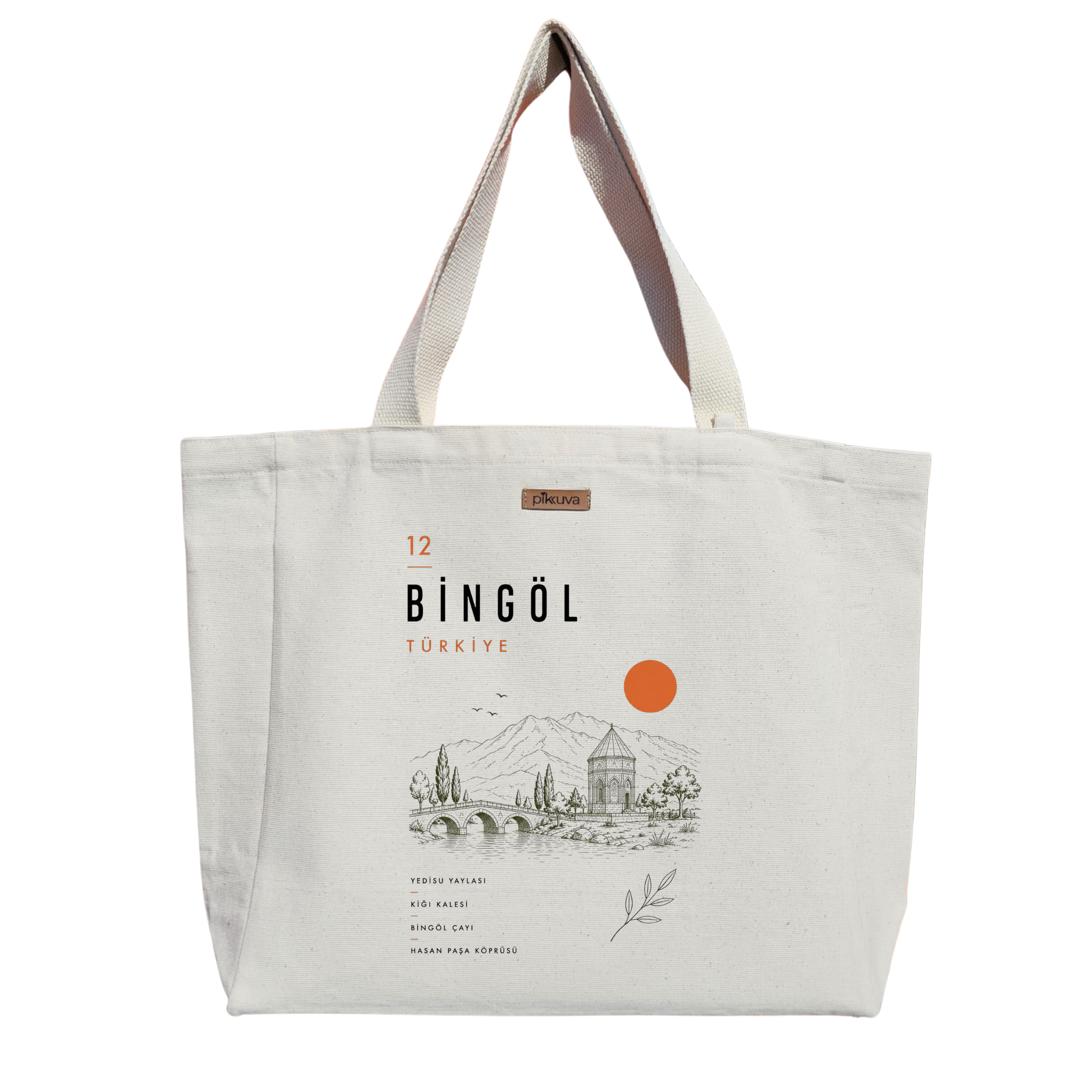 Natural Canvas Tote Bag, Natural Handle, White Velcro, Water Bottle Holder — 20x24
