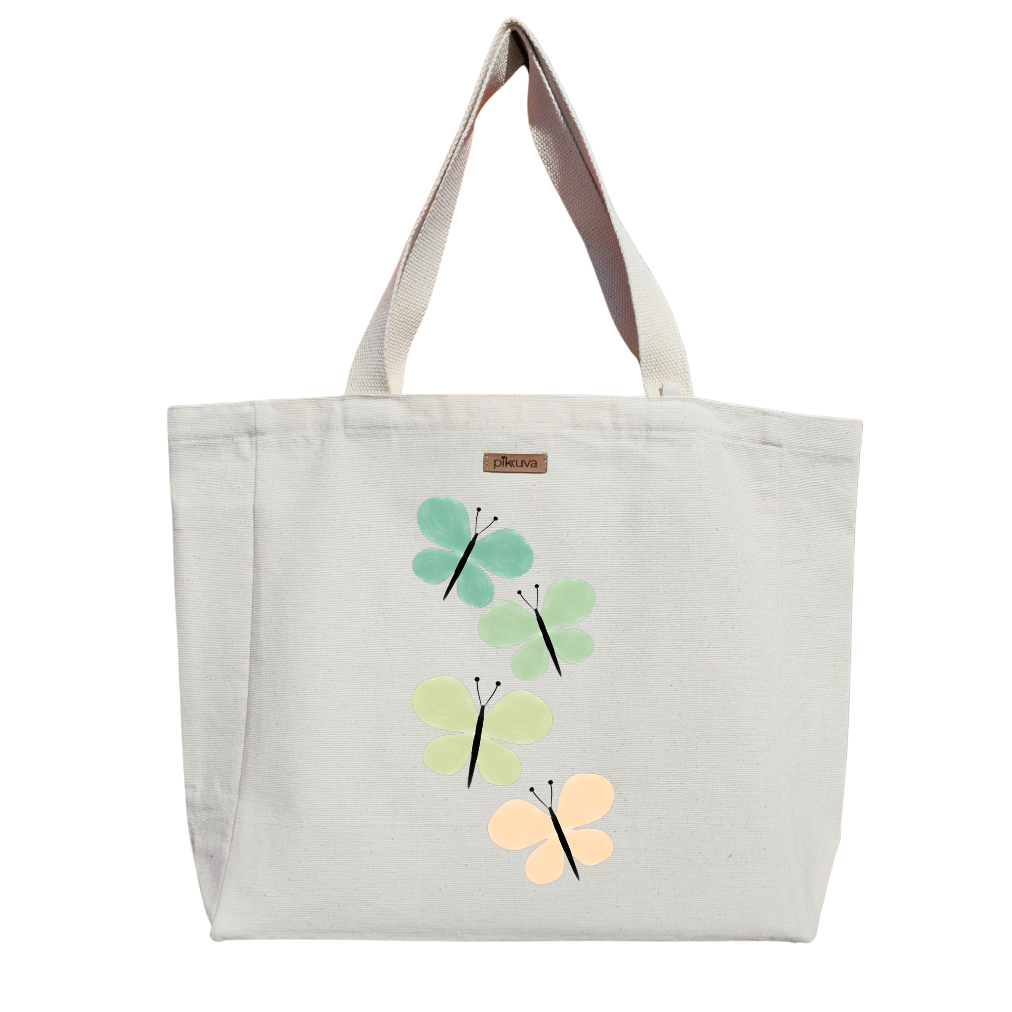 Natural Canvas Tote Bag, Natural Handle, White Velcro, Water Bottle Holder — 20x24