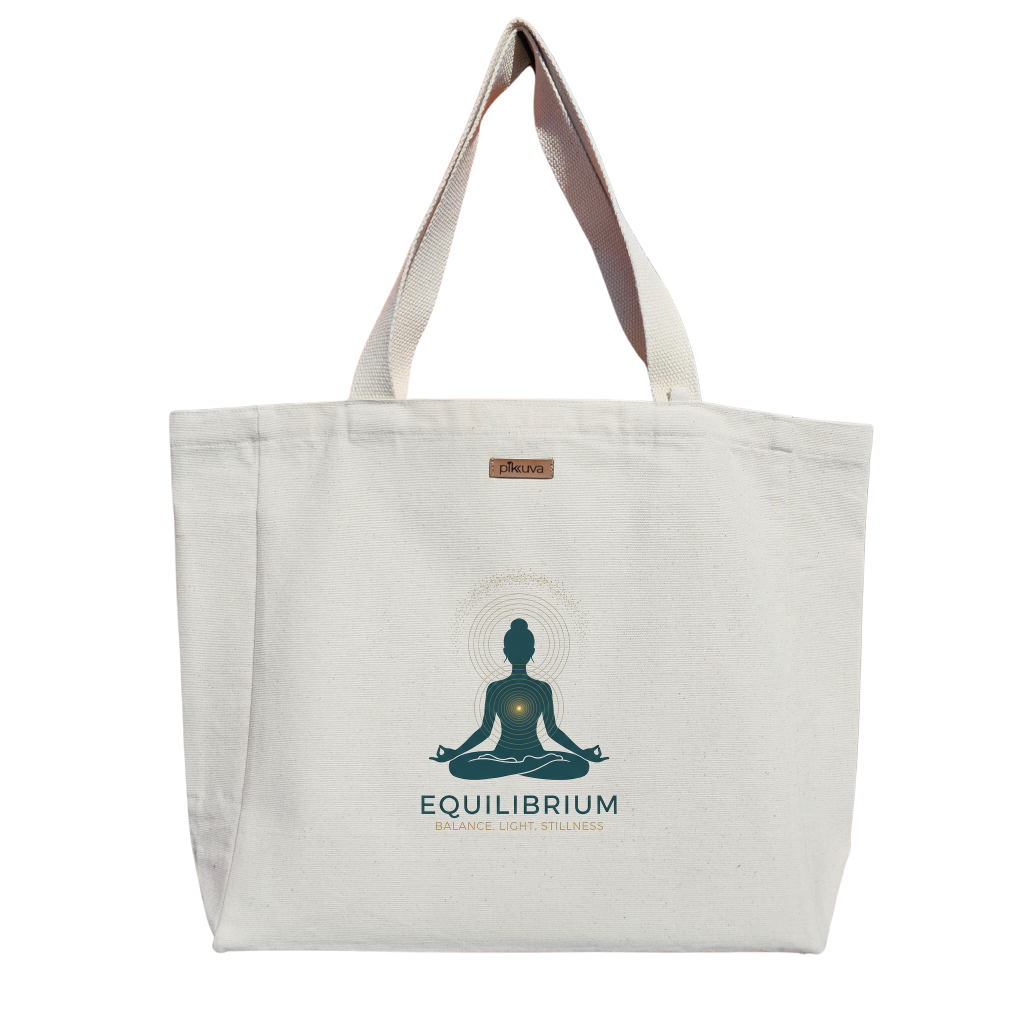 Denge ve Işık Temalı Meditasyon Çantası EQUILIBRIUM Baskılı Naturel Kanvas Bez Çanta Sap Beyaz Cırt Cırtlı Suluk Tutuculu — 12x20