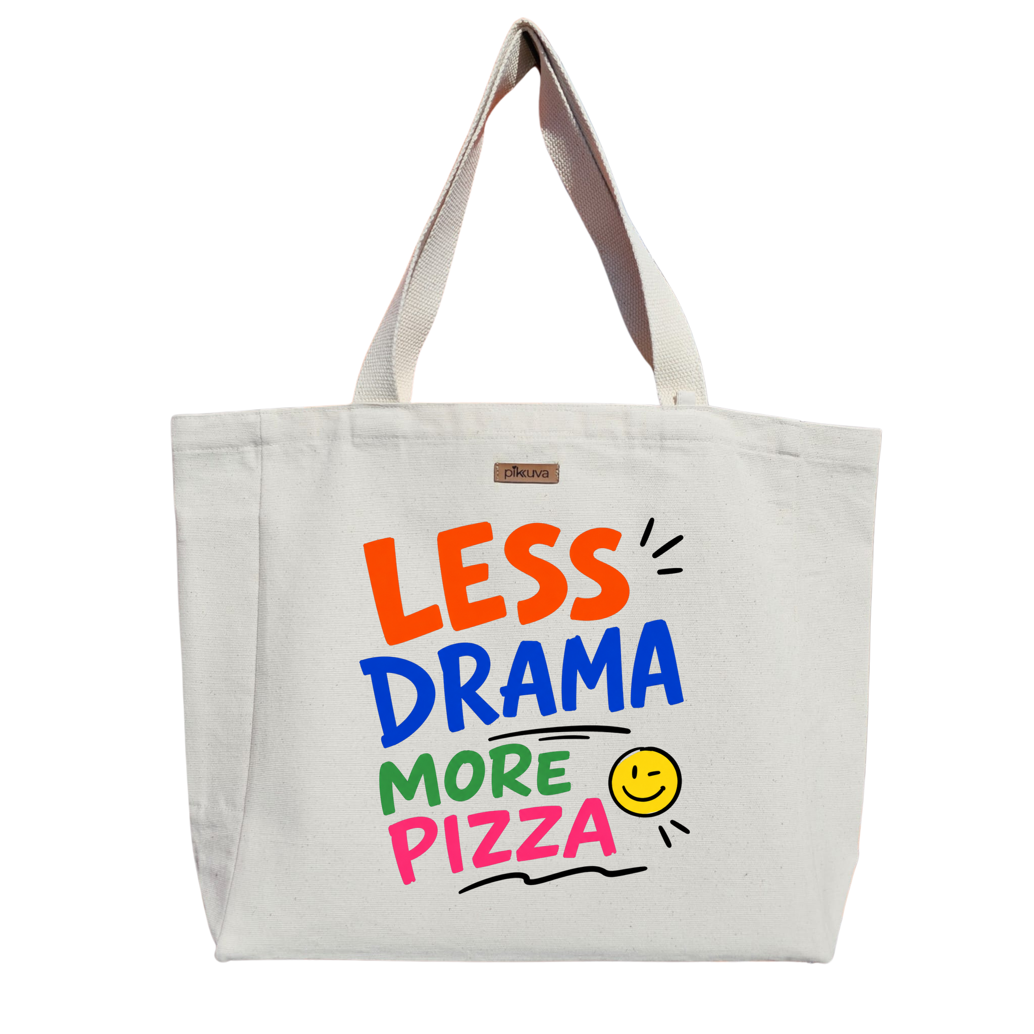Daha Az Drama Fazla Pizza Less More Baskılı Naturel Kanvas Bez Çanta Sap Beyaz Cırt Cırtlı Suluk Tutuculu — 20x24