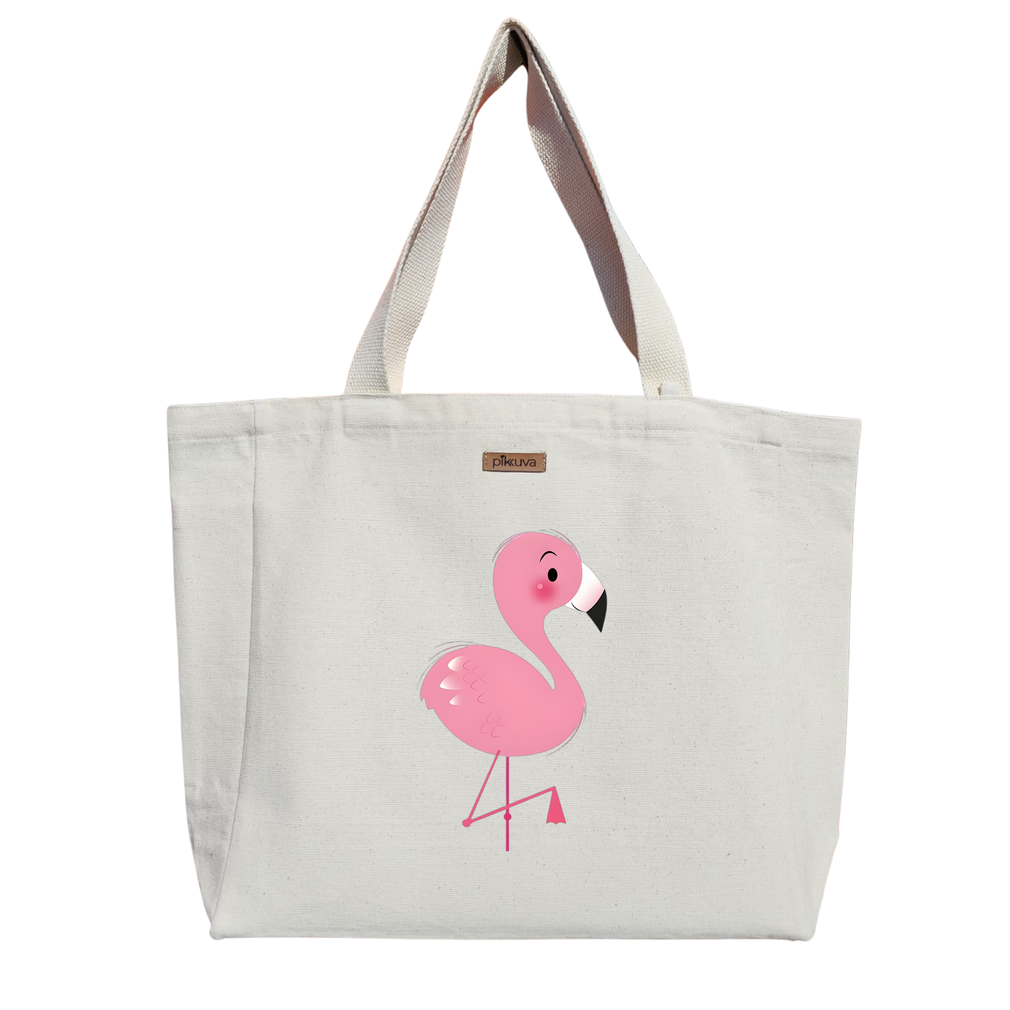 Pembe Flamingo ve Tropikal Yapraklar Baskılı Naturel Kanvas Bez Çanta Sap Beyaz Cırt Cırtlı Suluk Tutuculu — 12x20
