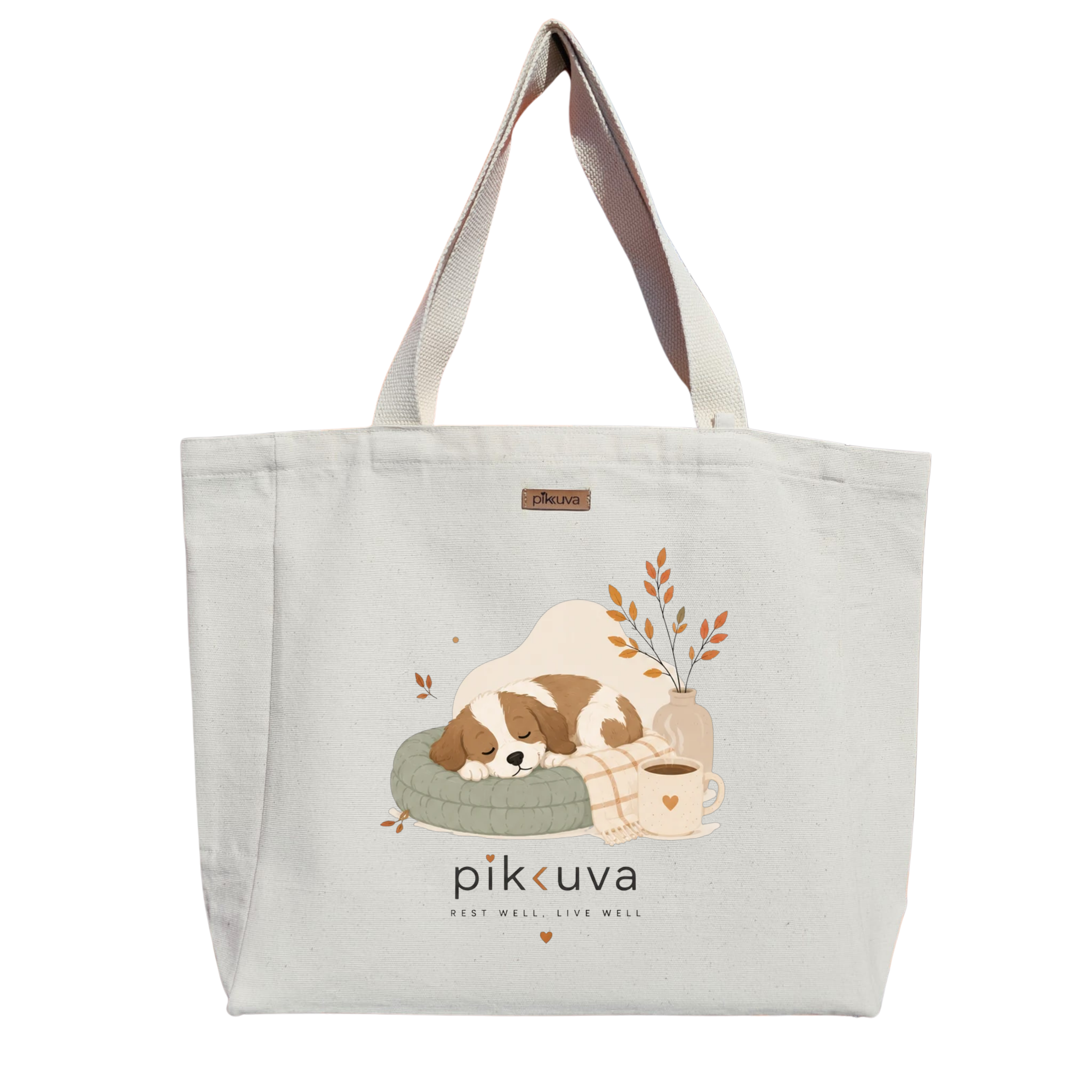 Natural Canvas Tote Bag, Natural Handle, White Velcro, Water Bottle Holder — 20x24
