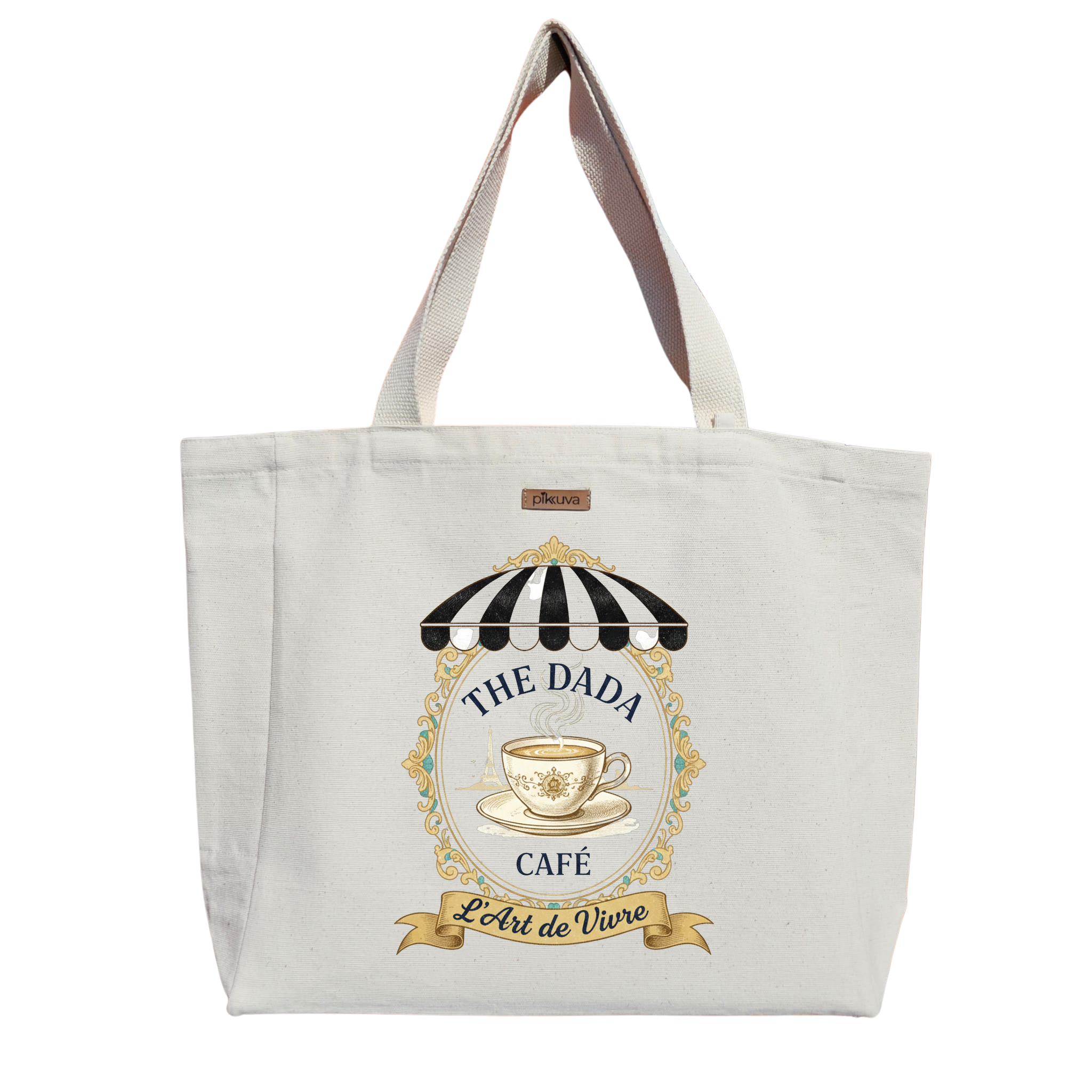 Natural Canvas Tote Bag, Natural Handle, White Velcro, Water Bottle Holder — 20x24