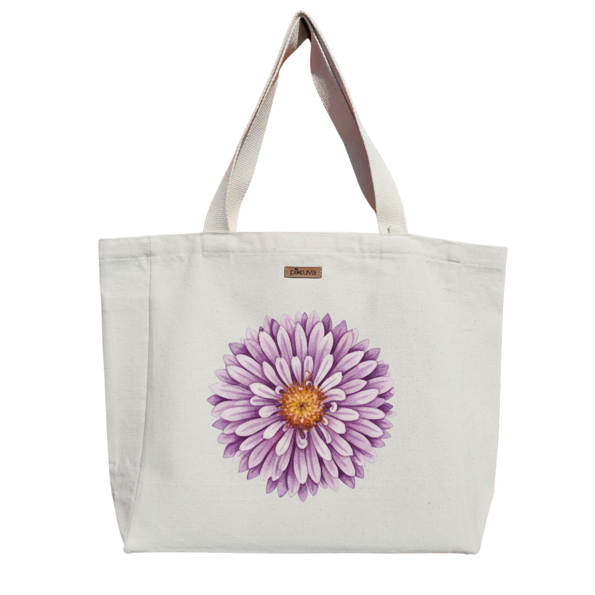 Mor Çiçek Detayı Flower Detail Baskılı Naturel Kanvas Bez Çanta Sap Beyaz Cırt Cırtlı Suluk Tutuculu — 20x24