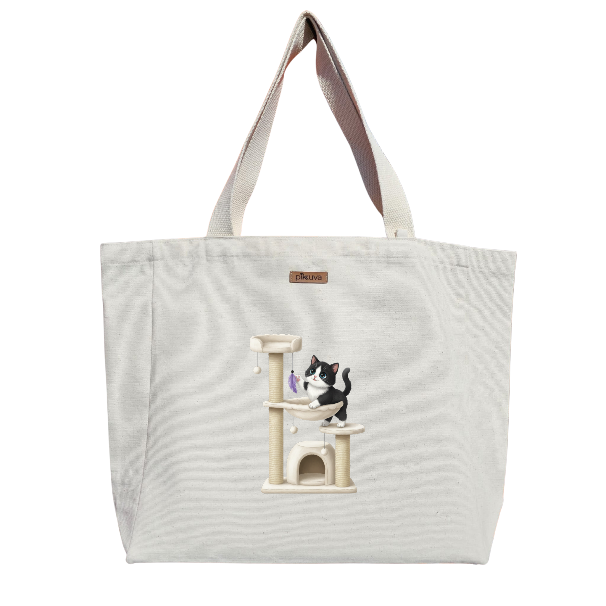 Sevimli Siyah Beyaz Kedi Oyun Kulesi Cute black and white cat Baskılı Naturel Kanvas Bez Çanta Sap Cırt Cırtlı Suluk Tutuculu — 12x20
