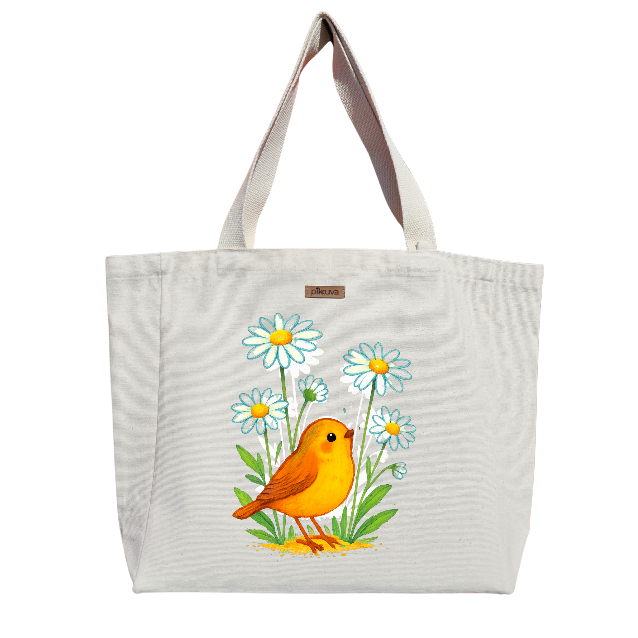 Çiçekler Arasındaki Neşeli Kuş Happy bird among flowers Baskılı Naturel Kanvas Bez Çanta Sap Beyaz Cırt Cırtlı Suluk Tutuculu — 20x24