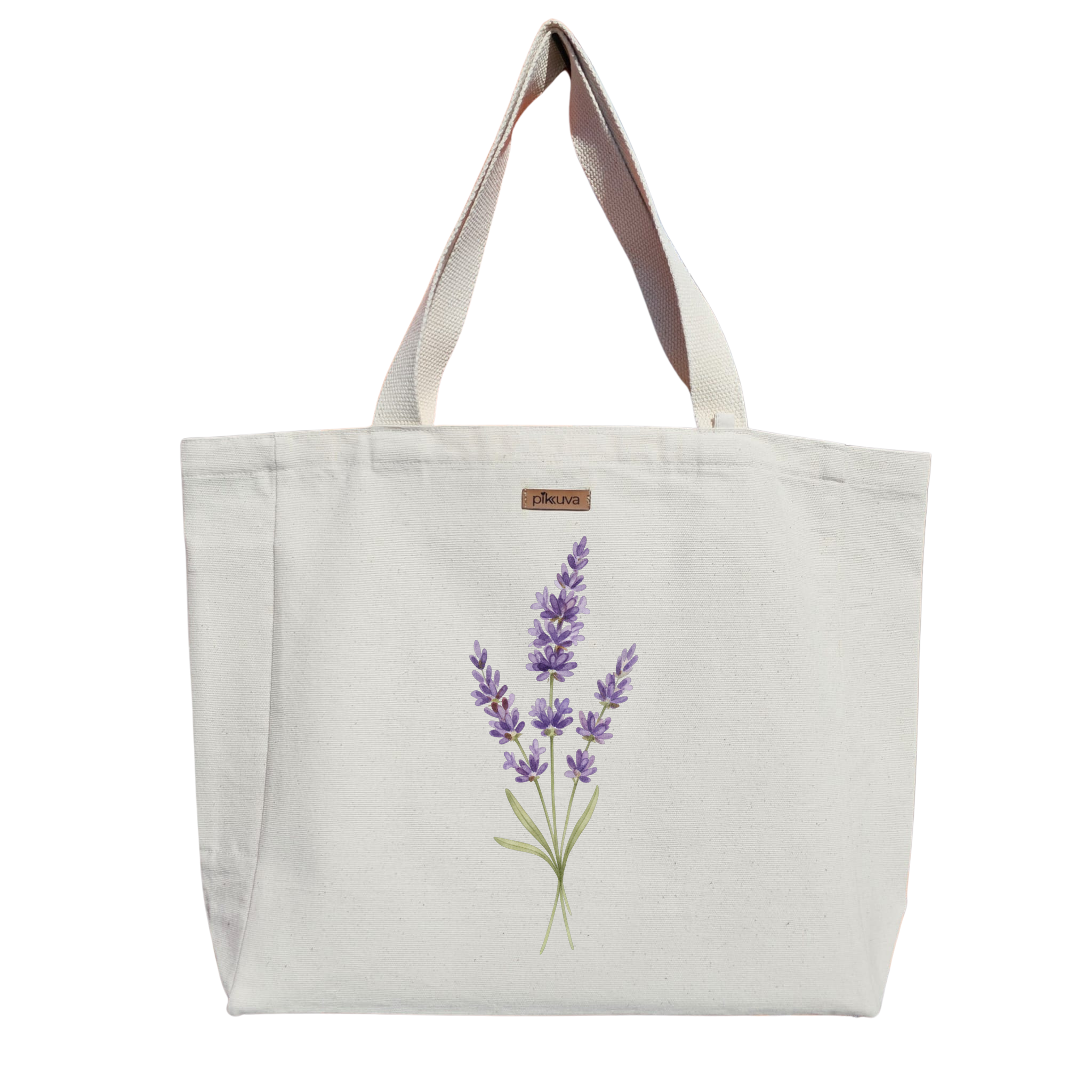 Natural Canvas Tote Bag, Natural Handle, White Velcro, Water Bottle Holder — 20x24