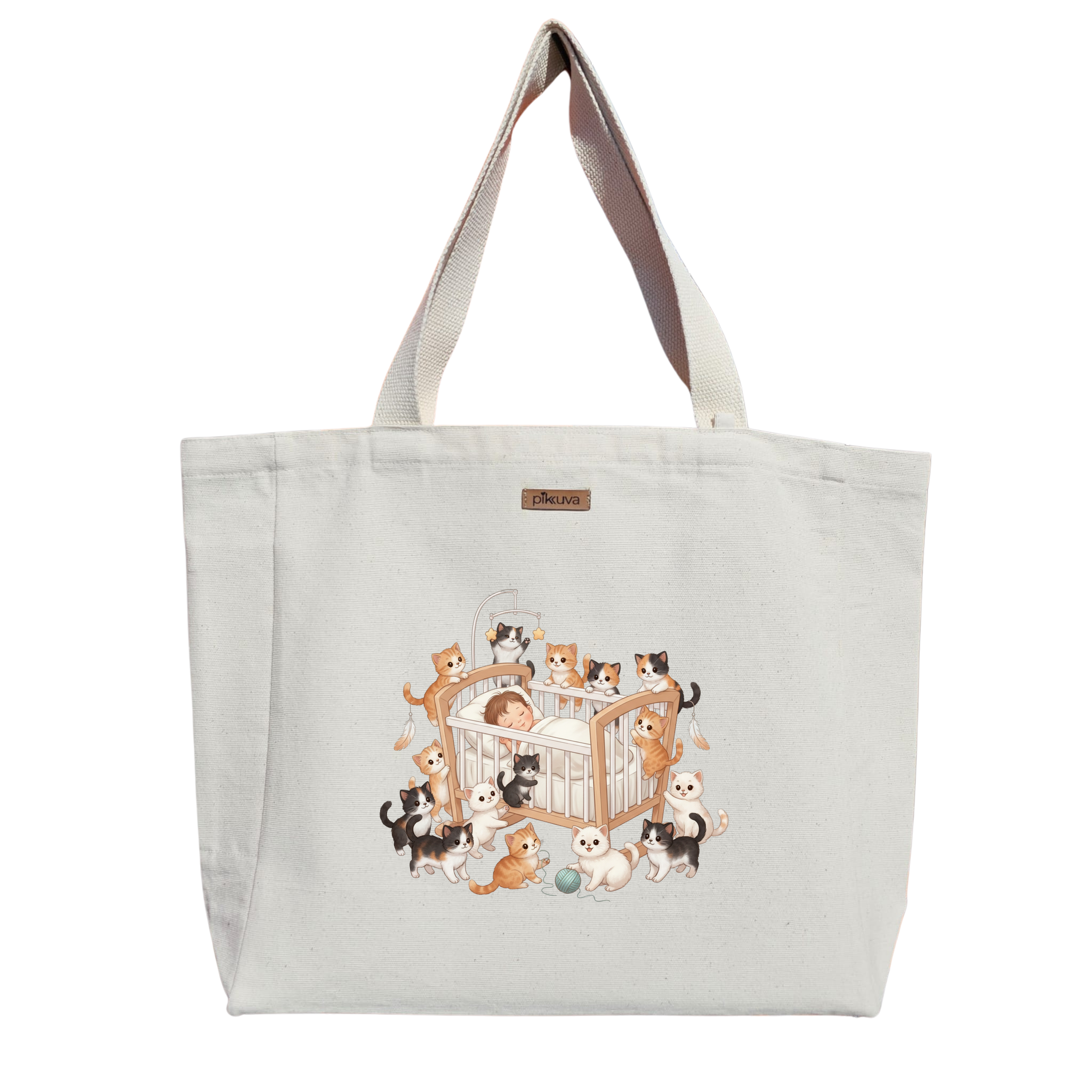 Natural Canvas Tote Bag, Natural Handle, White Velcro, Water Bottle Holder — 20x24