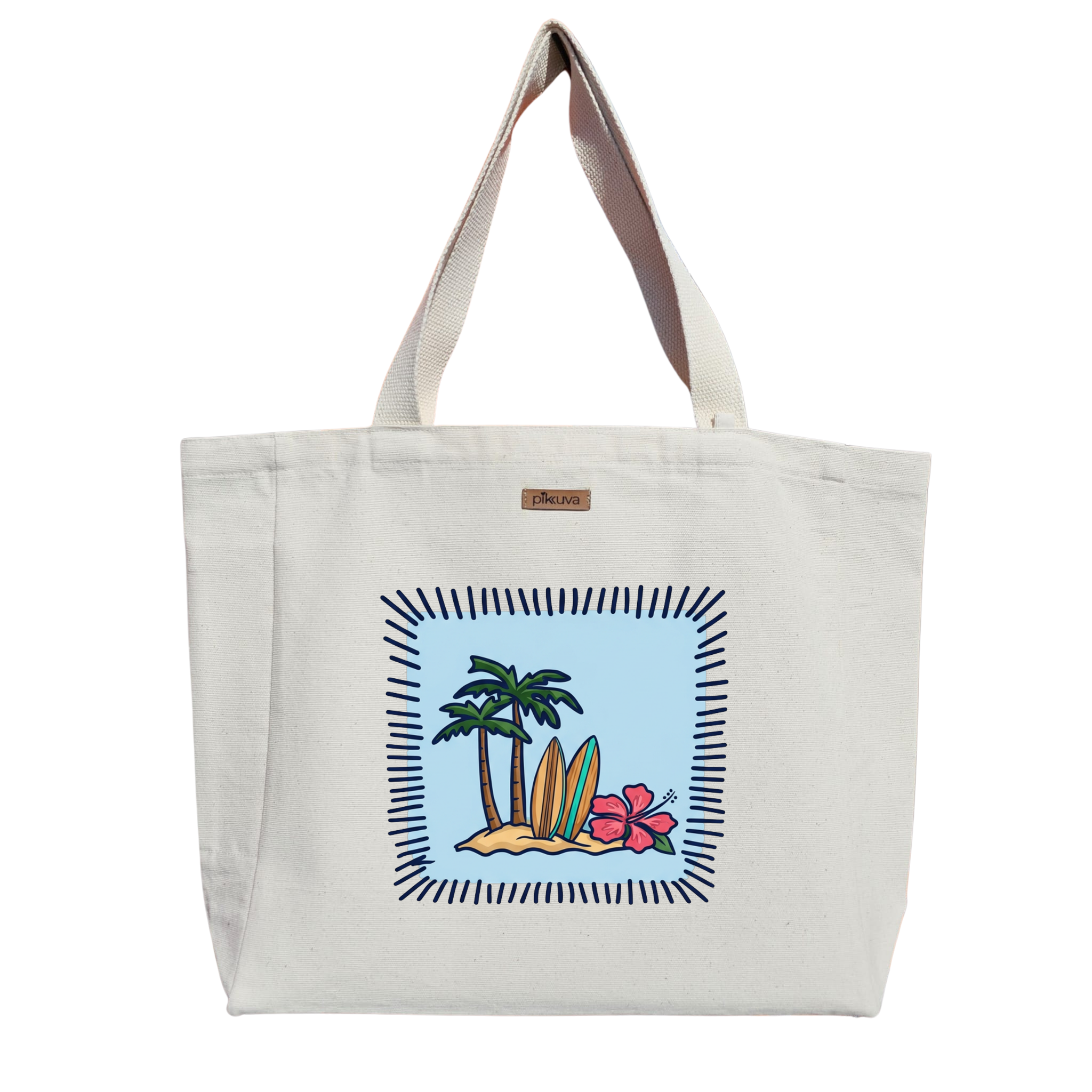 Tropikal Plaj ve Sörf Tahtaları Tropical beach and surfboards Baskılıı Naturel Kanvas Bez Çanta Sap Beyaz Cırt Cırtlı Suluk Tutuculu — 20x24