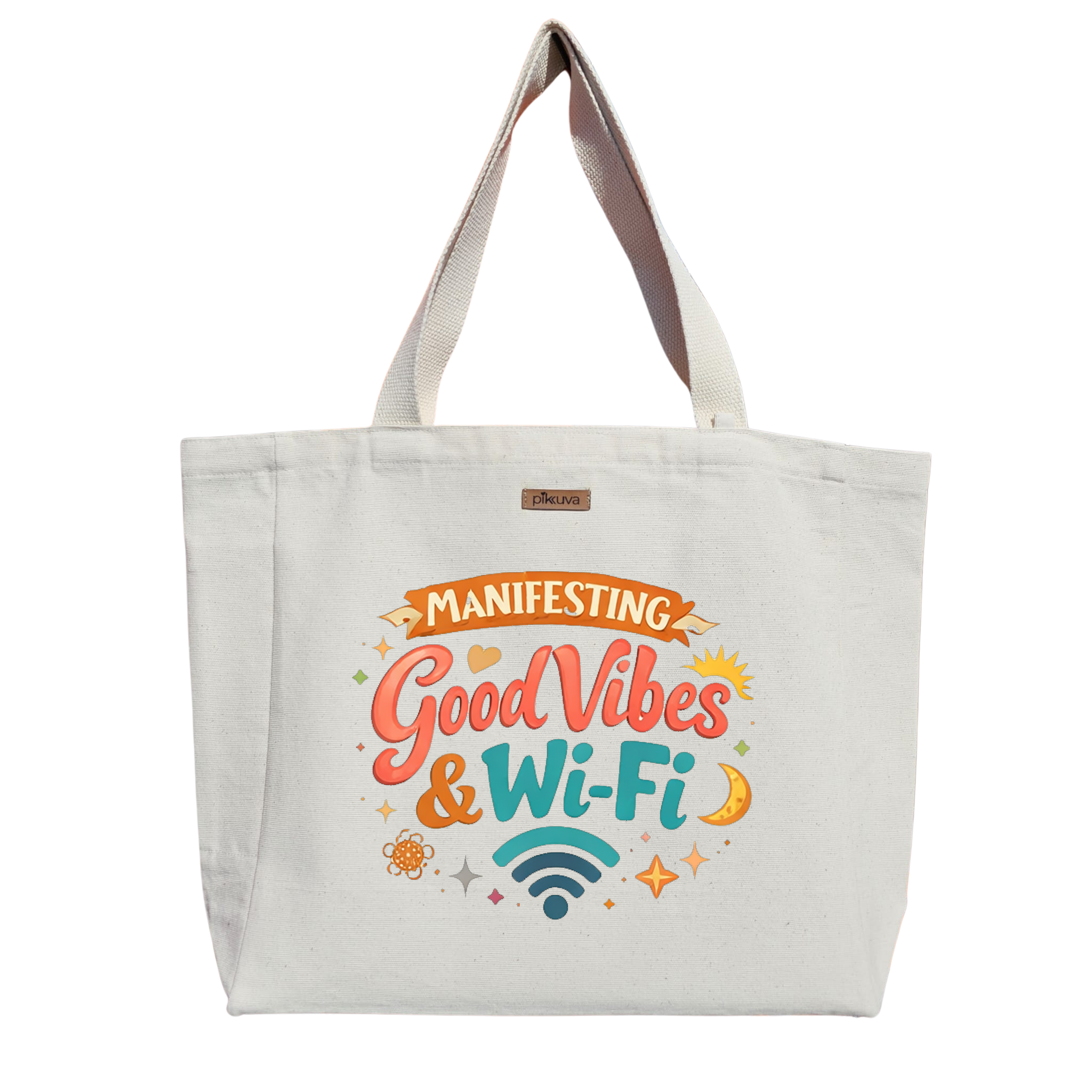 Natural Canvas Tote Bag, Natural Handle, White Velcro, Water Bottle Holder — 24x20