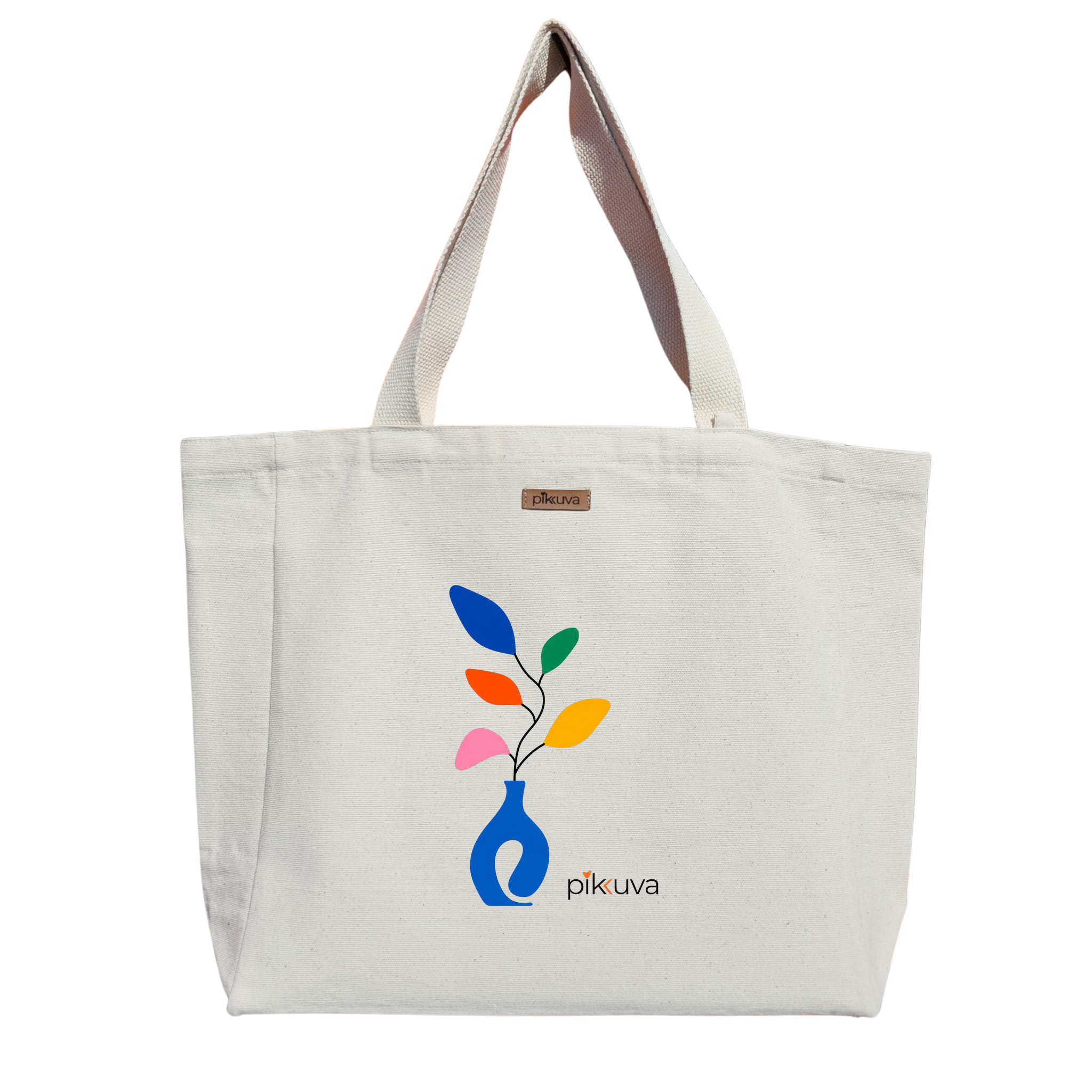 Renkli Yapraklar ve Mavi Vazo Colorful Leaves and Blue Vase Baskılı Naturel Kanvas Bez Çanta Sap Beyaz Cırt Cırtlı Suluk Tutuculu — 12x20