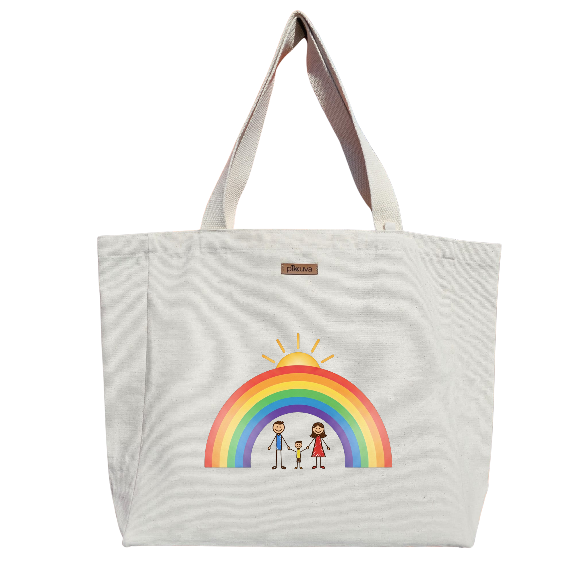 Natural Canvas Tote Bag, Natural Handle, White Velcro, Water Bottle Holder — 20x24