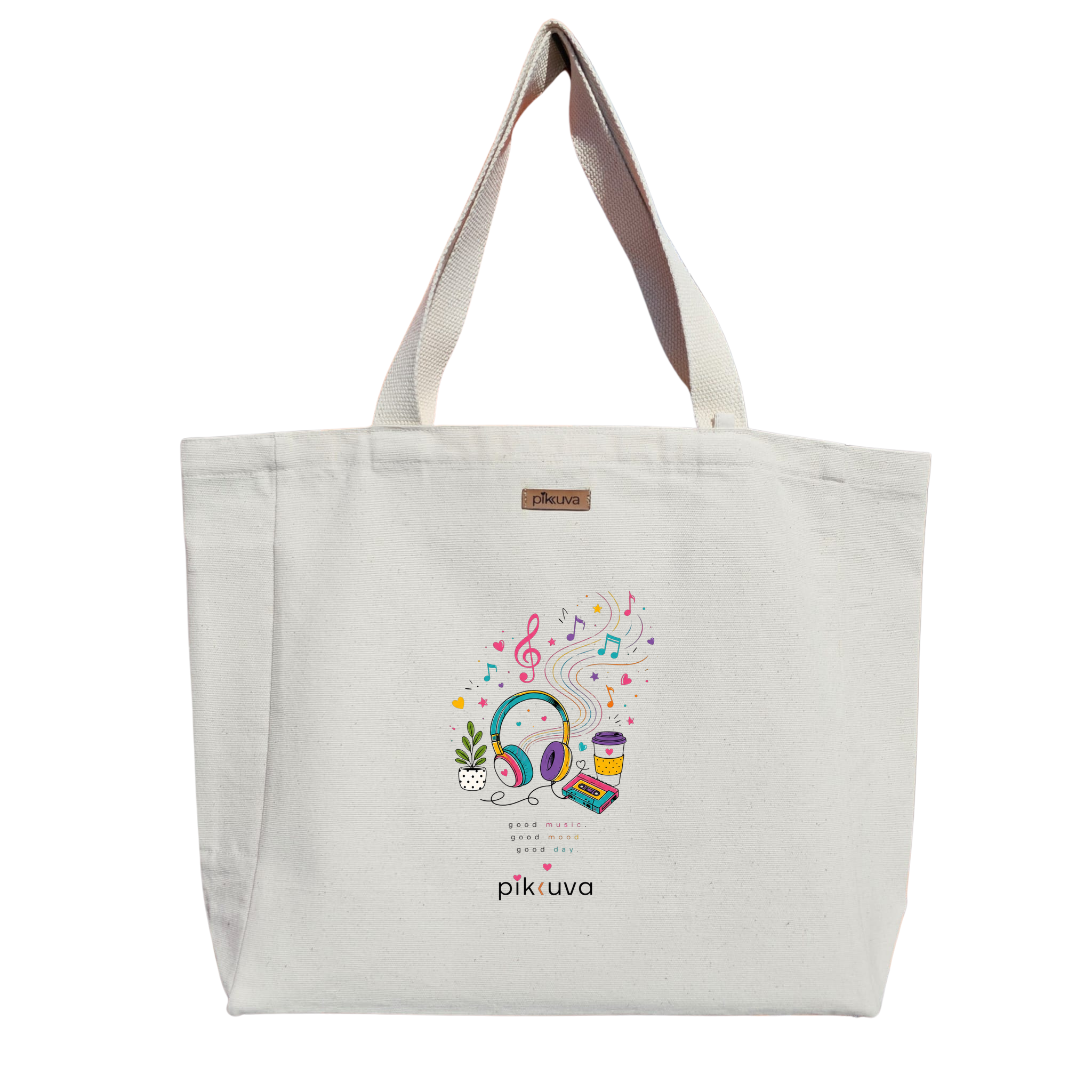 Natural Canvas Tote Bag, Natural Handle, White Velcro, Water Bottle Holder — 12x20