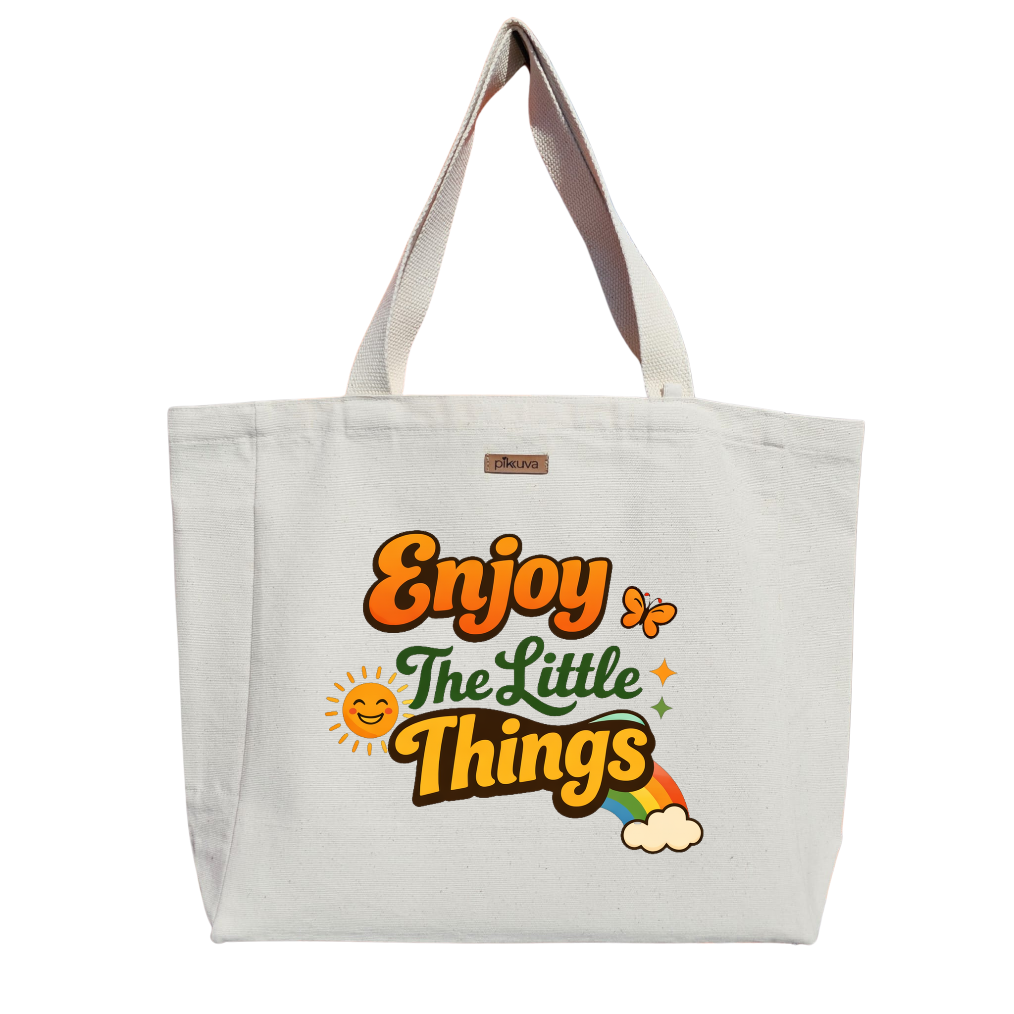 Natural Canvas Tote Bag, Natural Handle, White Velcro, Water Bottle Holder — 24x20