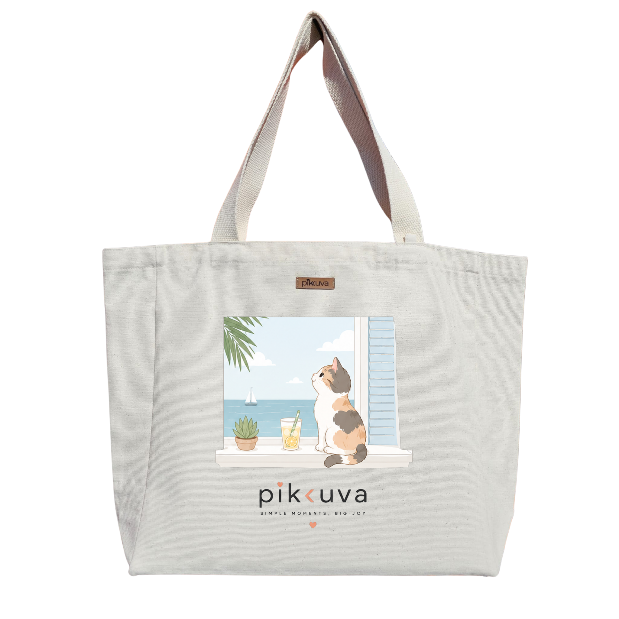 Natural Canvas Tote Bag, Natural Handle, White Velcro, Water Bottle Holder — 20x24