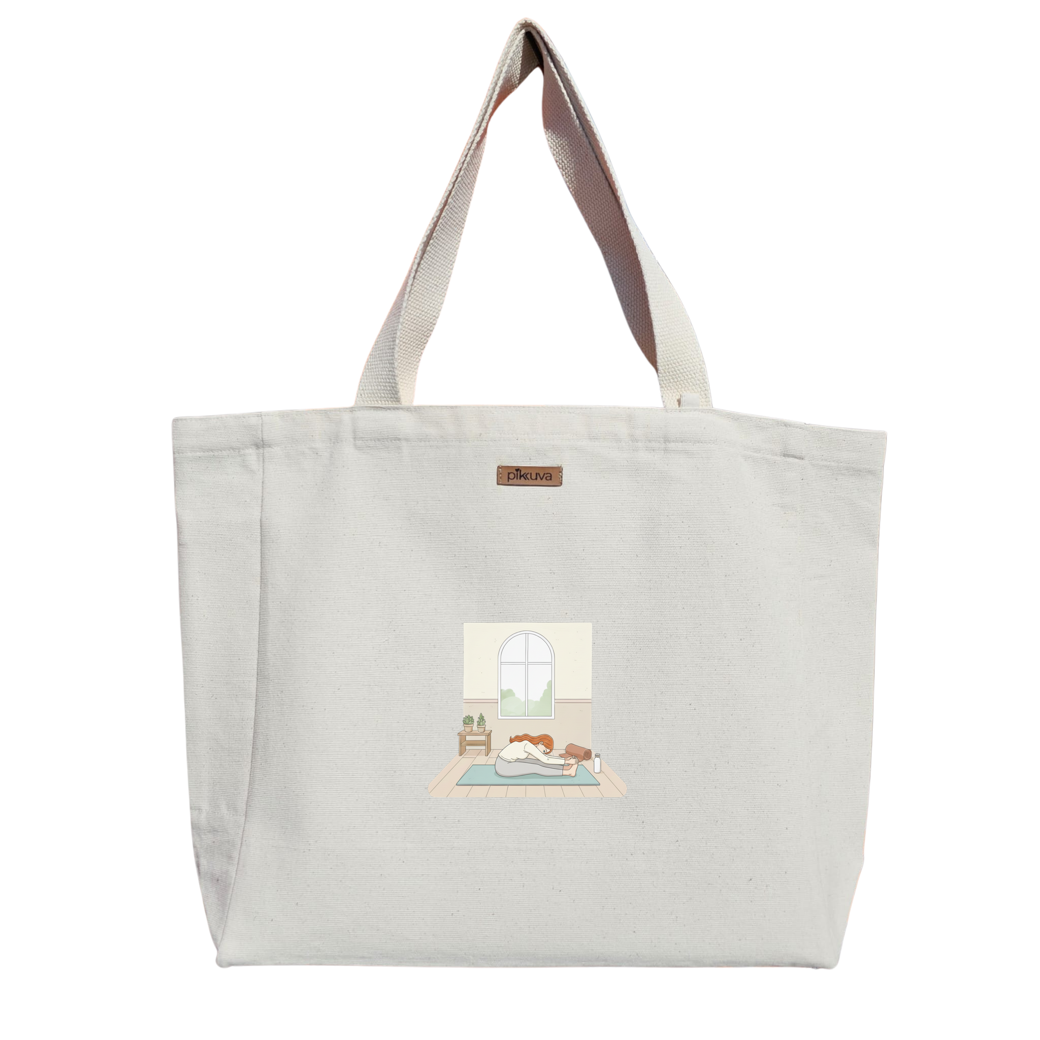 Natural Canvas Tote Bag, Natural Handle, White Velcro, Water Bottle Holder — 12x20