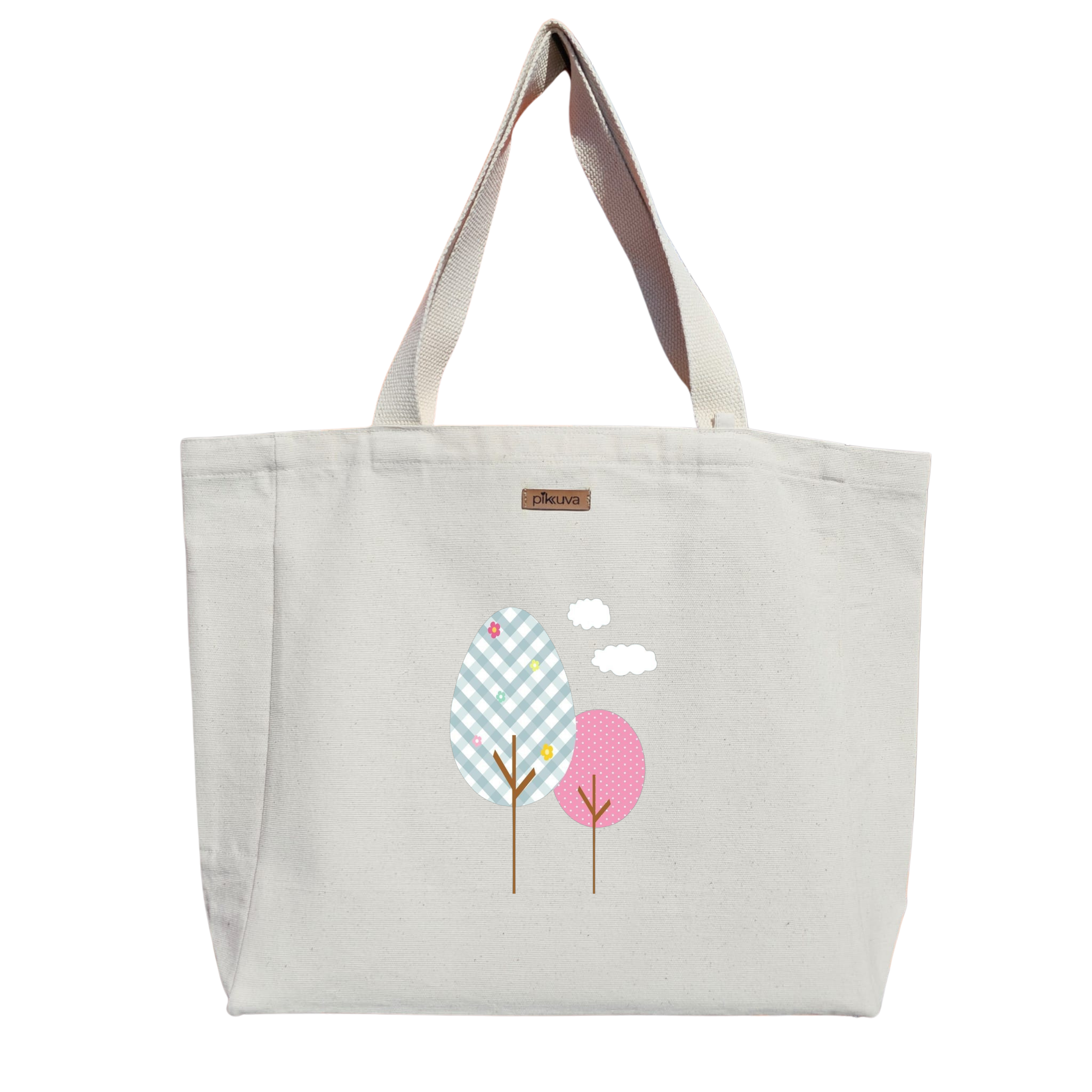 Natural Canvas Tote Bag, Natural Handle, White Velcro, Water Bottle Holder — 12x20