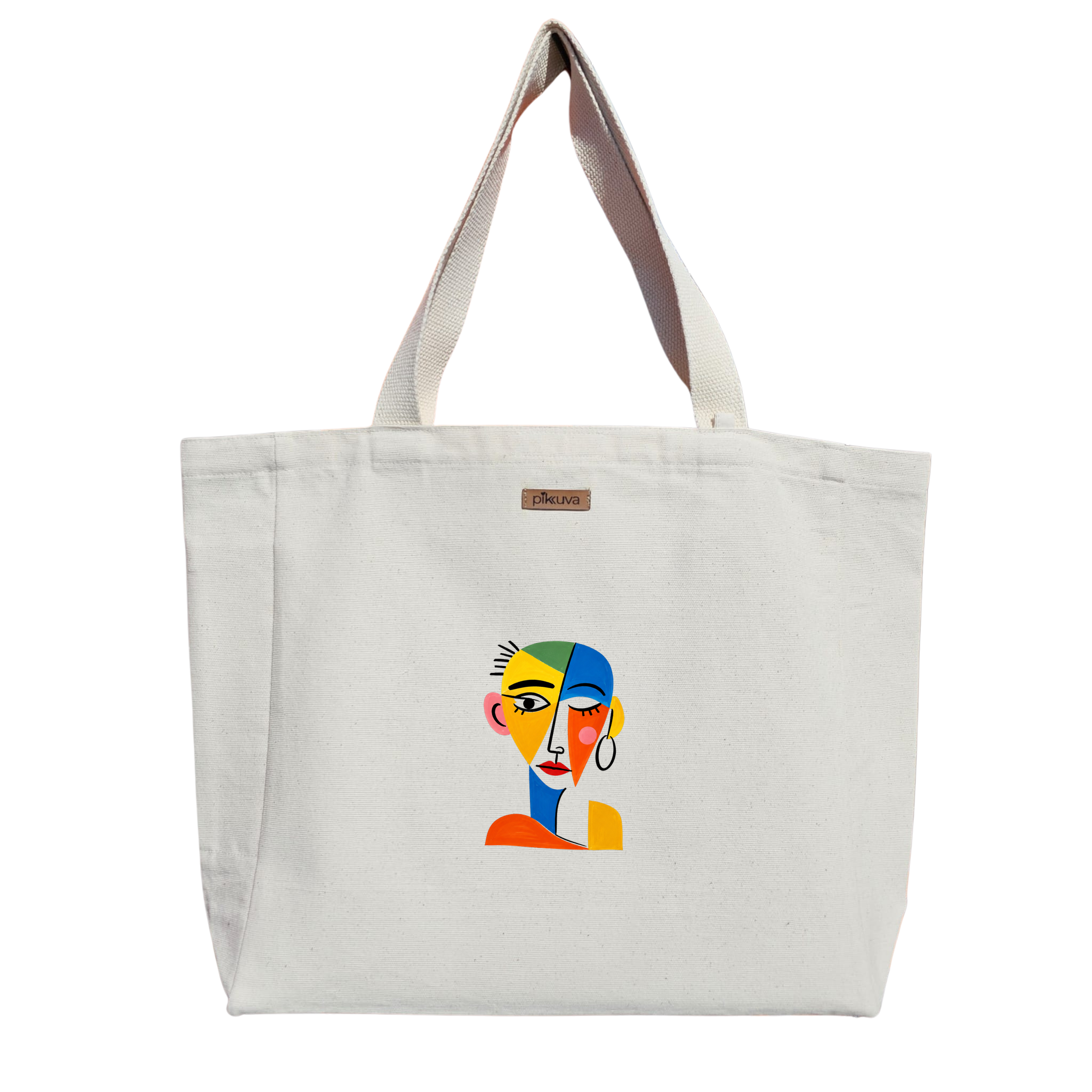 Natural Canvas Tote Bag, Natural Handle, White Velcro, Water Bottle Holder