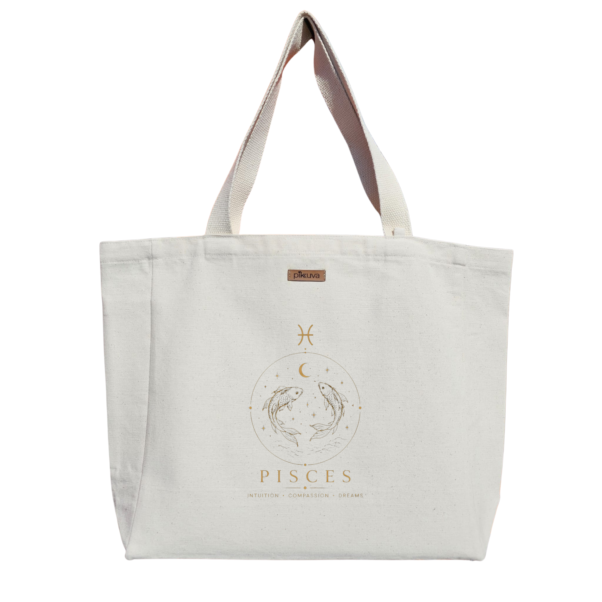 Natural Canvas Tote Bag, Natural Handle, White Velcro, Water Bottle Holder