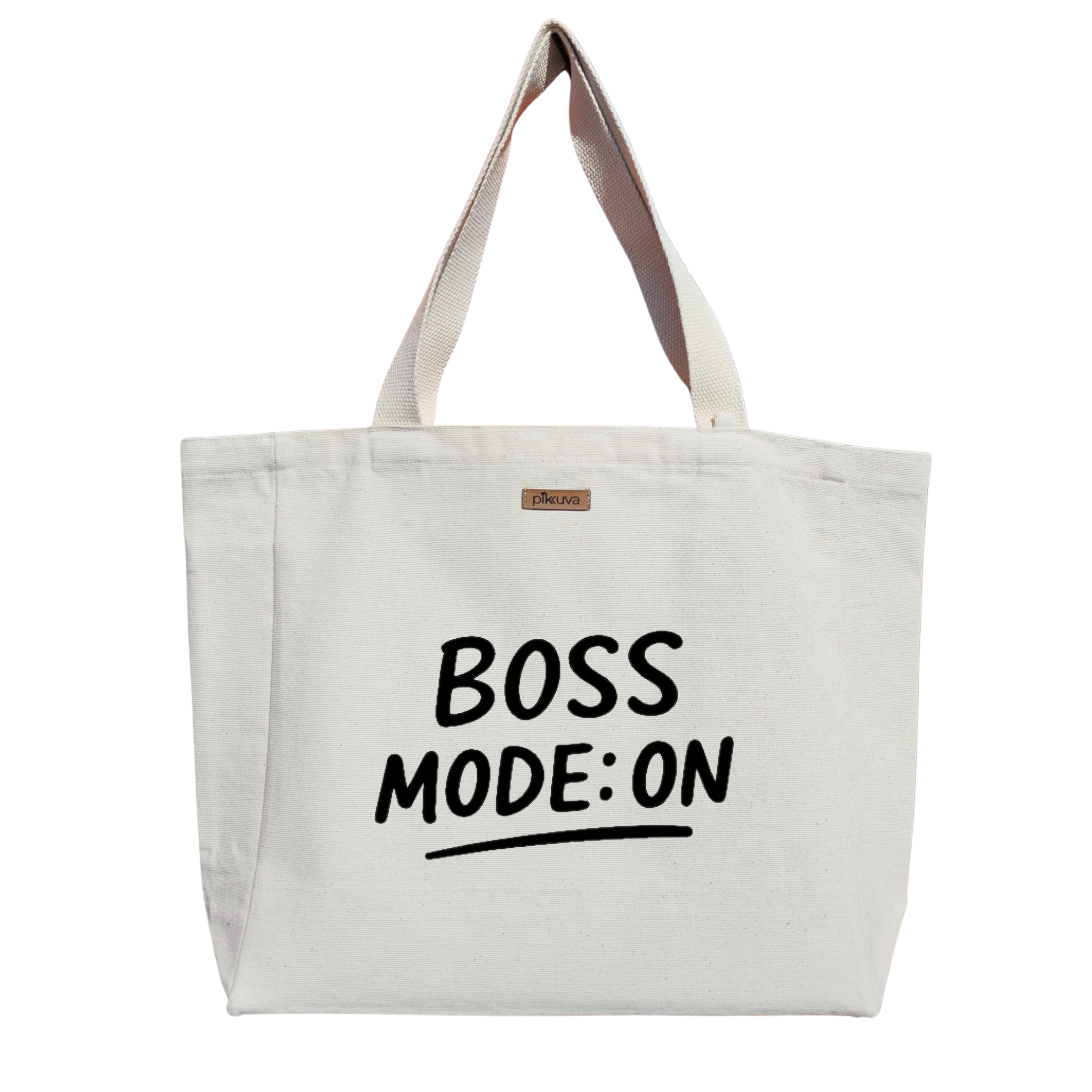 Siyah BOSS Yazısı Modern Stil Logo Marka İşareti Minimalist MODU AÇIK Baskılı Naturel Kanvas Bez Çanta Sap Beyaz Cırt Cırtlı Suluk Tutuculu — 20x24