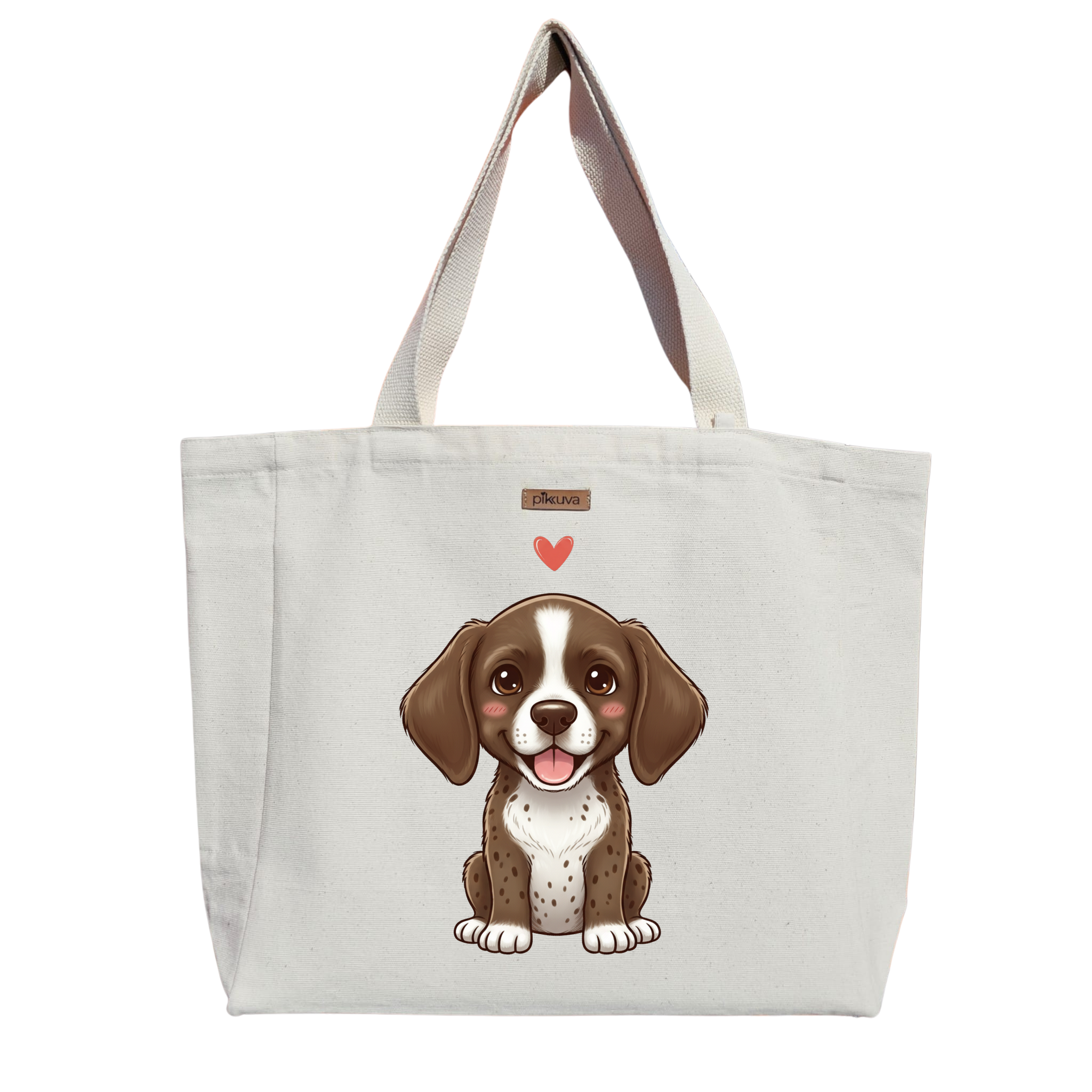 Sevimli Köpek ve Kalp Cute dog Baskılı Naturel Kanvas Bez Çanta Sap Beyaz Cırt Cırtlı Suluk Tutuculu — 20x24