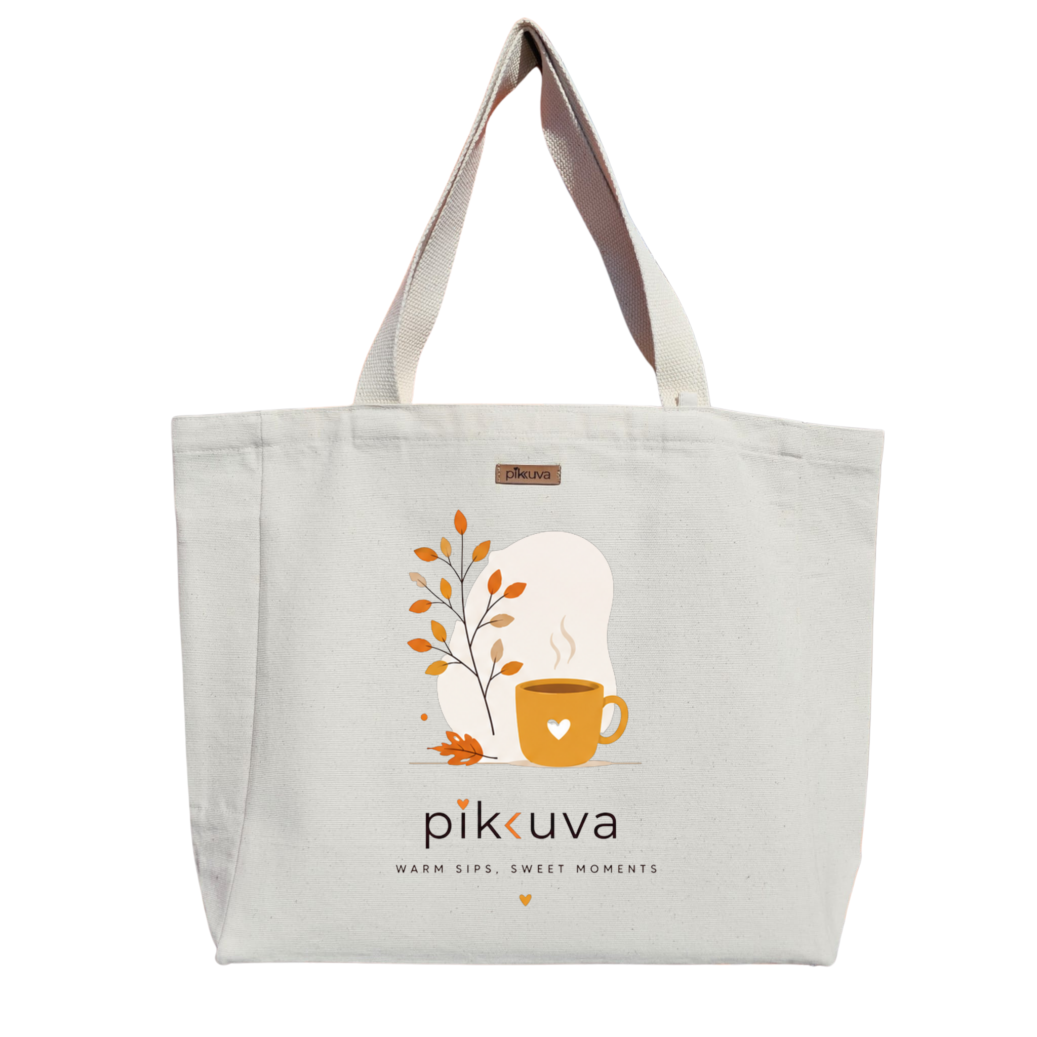 Natural Canvas Tote Bag, Natural Handle, White Velcro, Water Bottle Holder — 20x24
