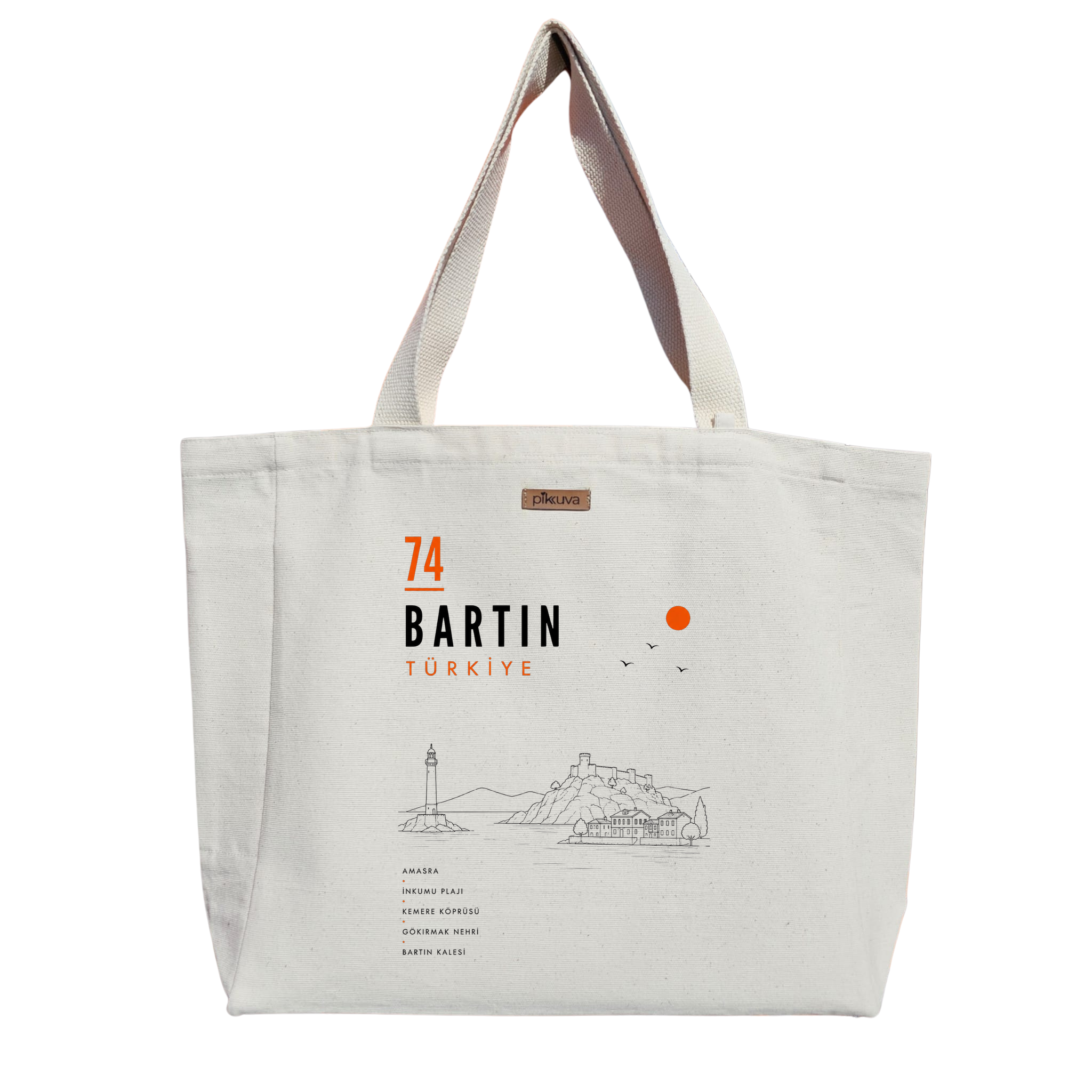 Natural Canvas Tote Bag, Natural Handle, White Velcro, Water Bottle Holder — 20x24